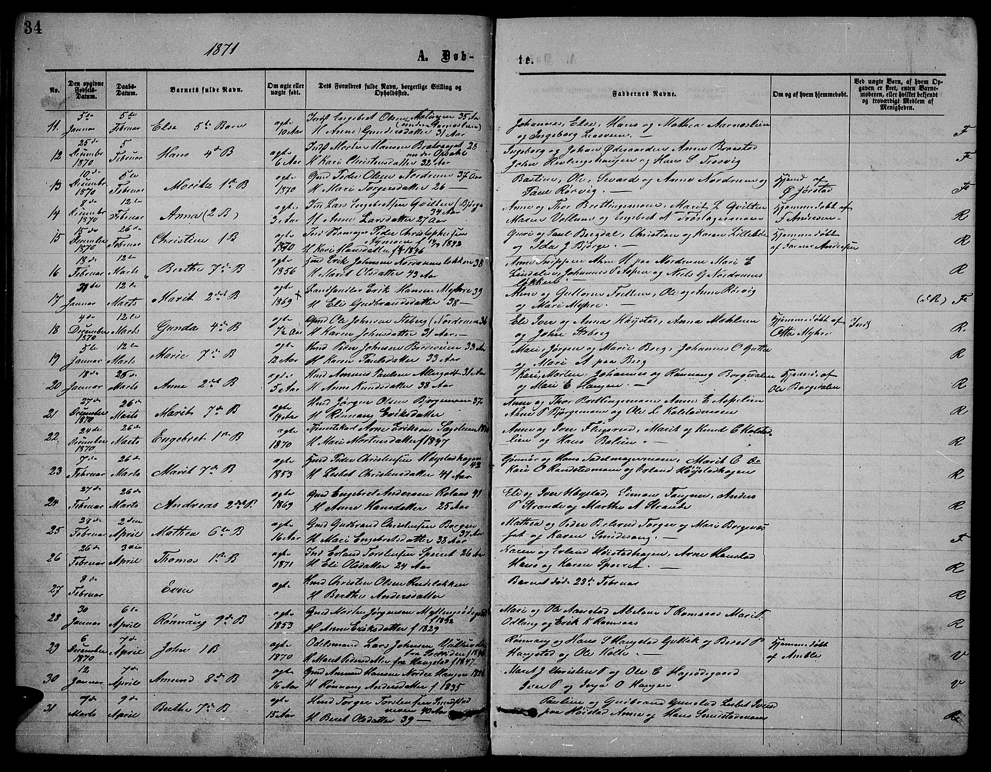 Ringebu prestekontor, SAH/PREST-082/H/Ha/Hab/L0004: Parish register (copy) no. 4, 1867-1879, p. 34