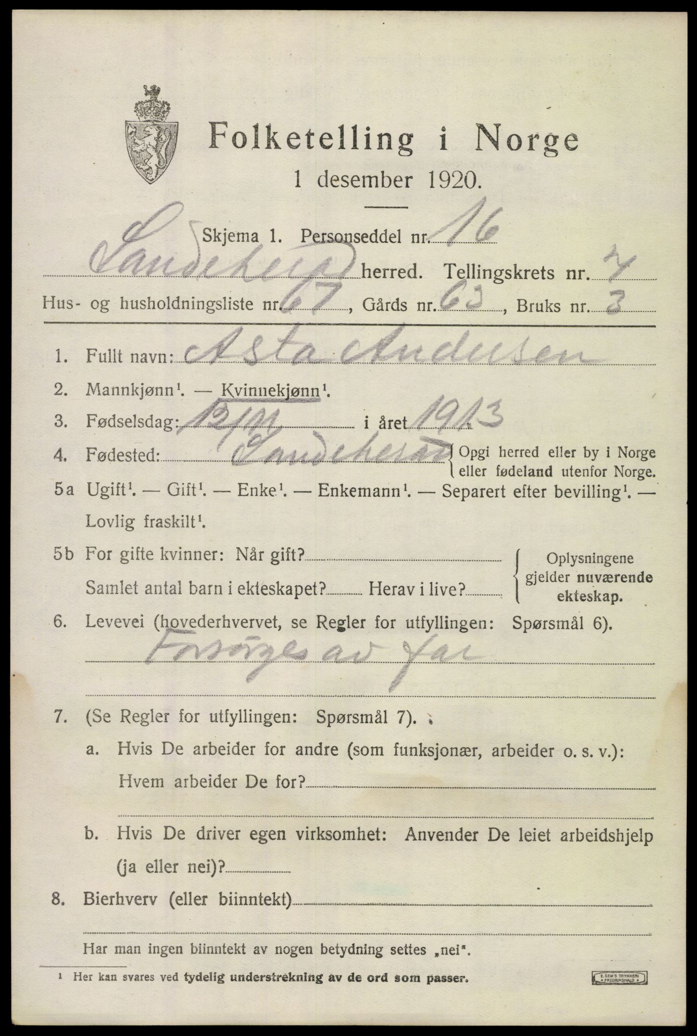 SAKO, 1920 census for Sandeherred, 1920, p. 12706