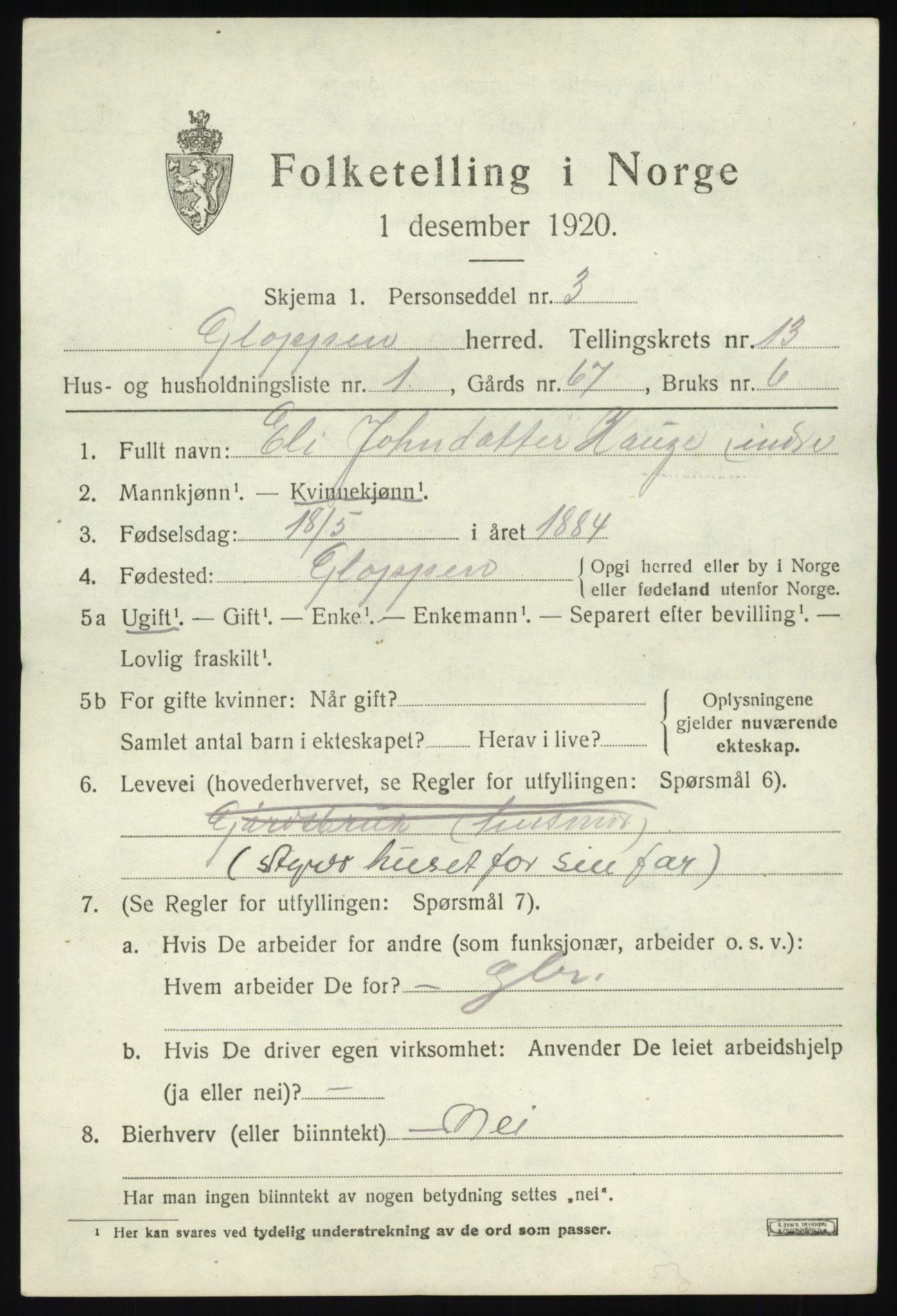 SAB, 1920 census for Gloppen, 1920, p. 6322