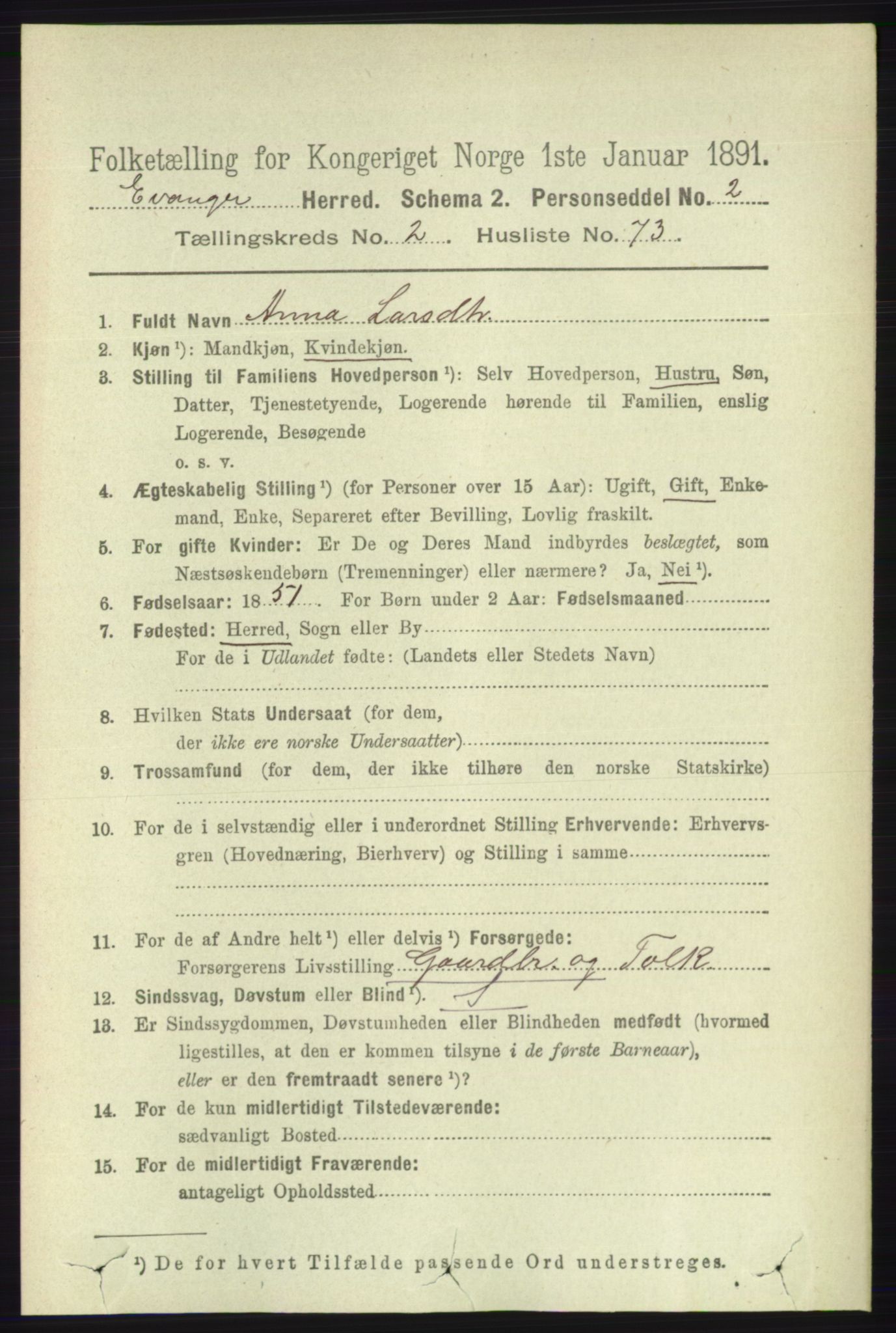 RA, 1891 census for 1237 Evanger, 1891, p. 783