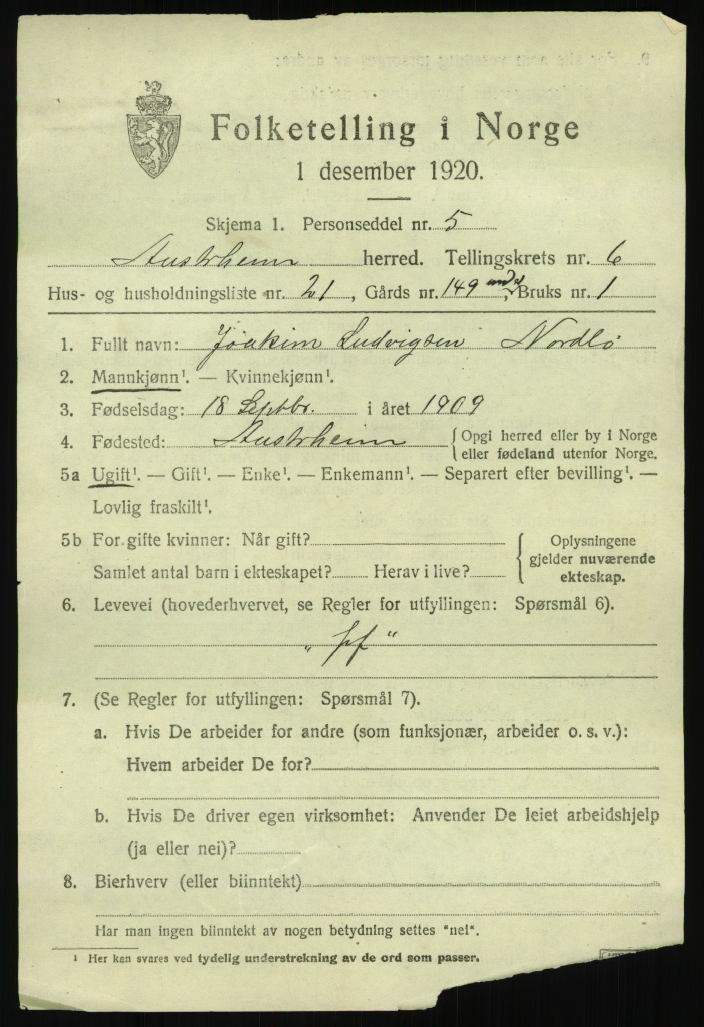 SAB, 1920 census for Austrheim, 1920, p. 2696