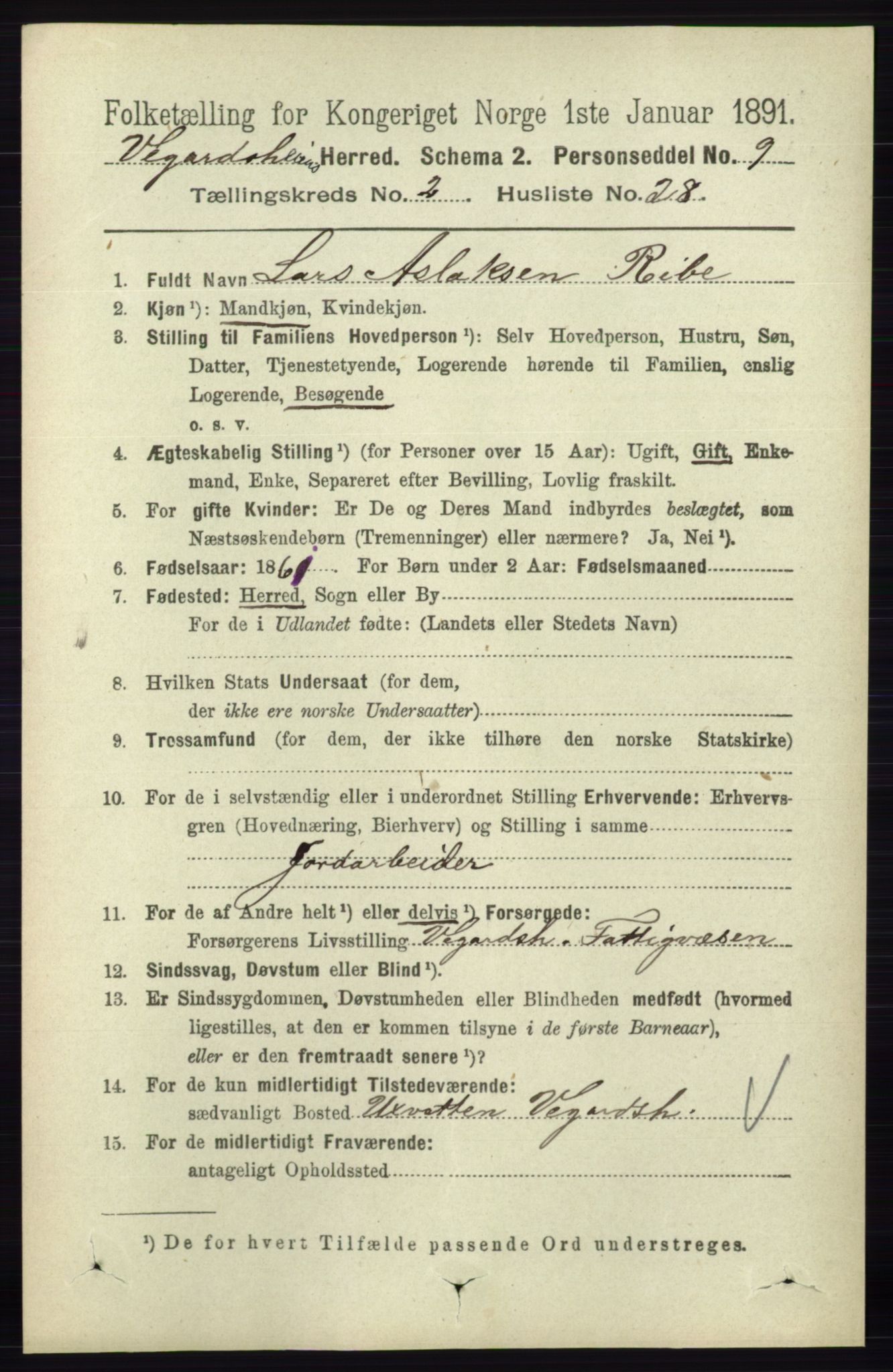 RA, 1891 census for 0912 Vegårshei, 1891, p. 575