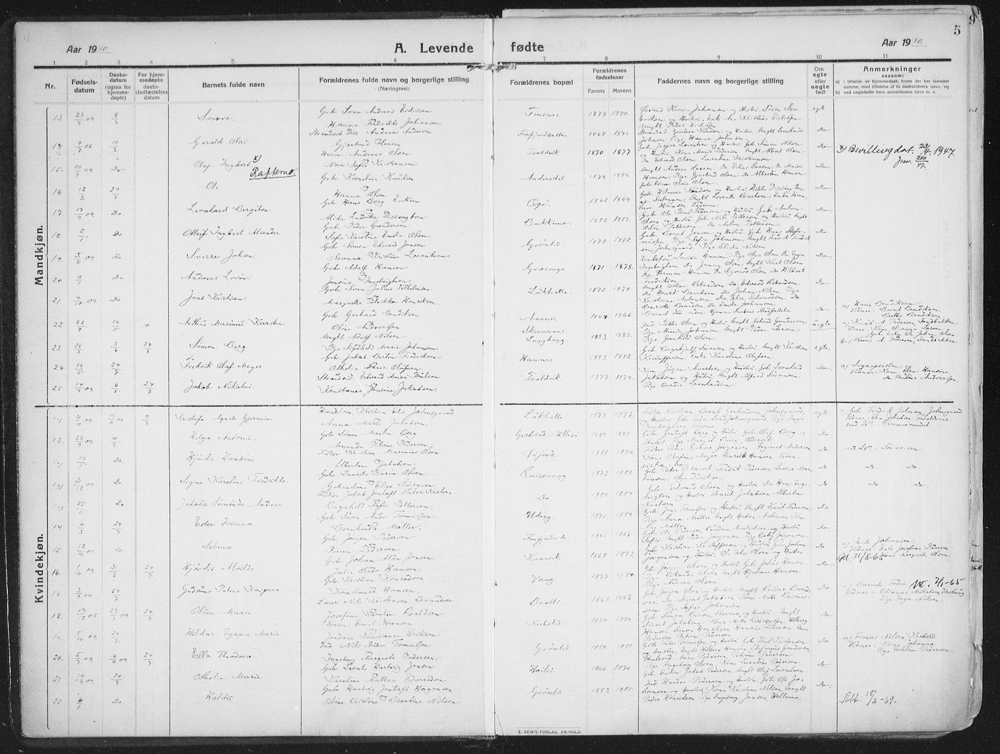 Lenvik sokneprestembete, SATØ/S-1310/H/Ha/Haa/L0016kirke: Parish register (official) no. 16, 1910-1924, p. 5
