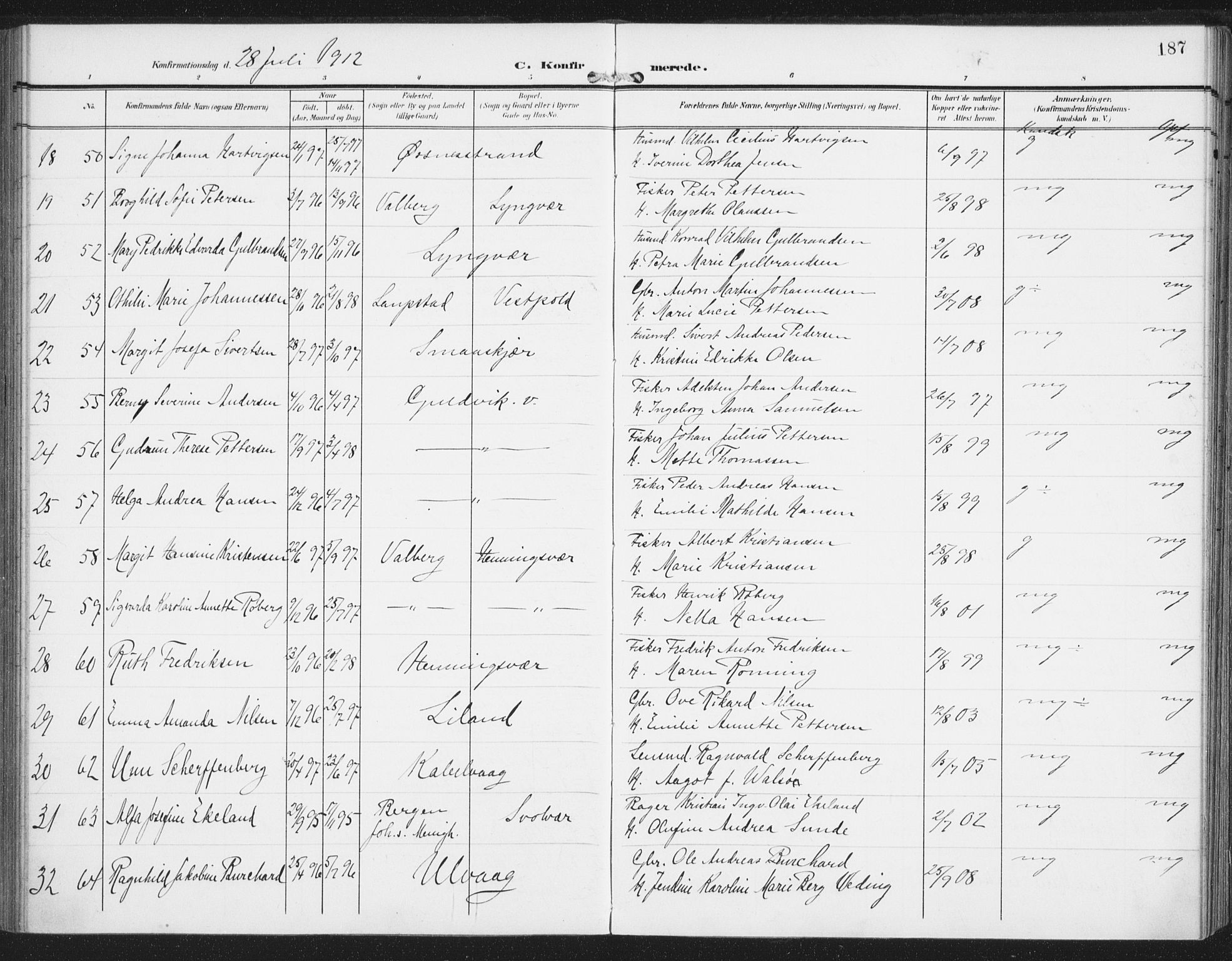 Ministerialprotokoller, klokkerbøker og fødselsregistre - Nordland, AV/SAT-A-1459/874/L1063: Parish register (official) no. 874A07, 1907-1915, p. 187