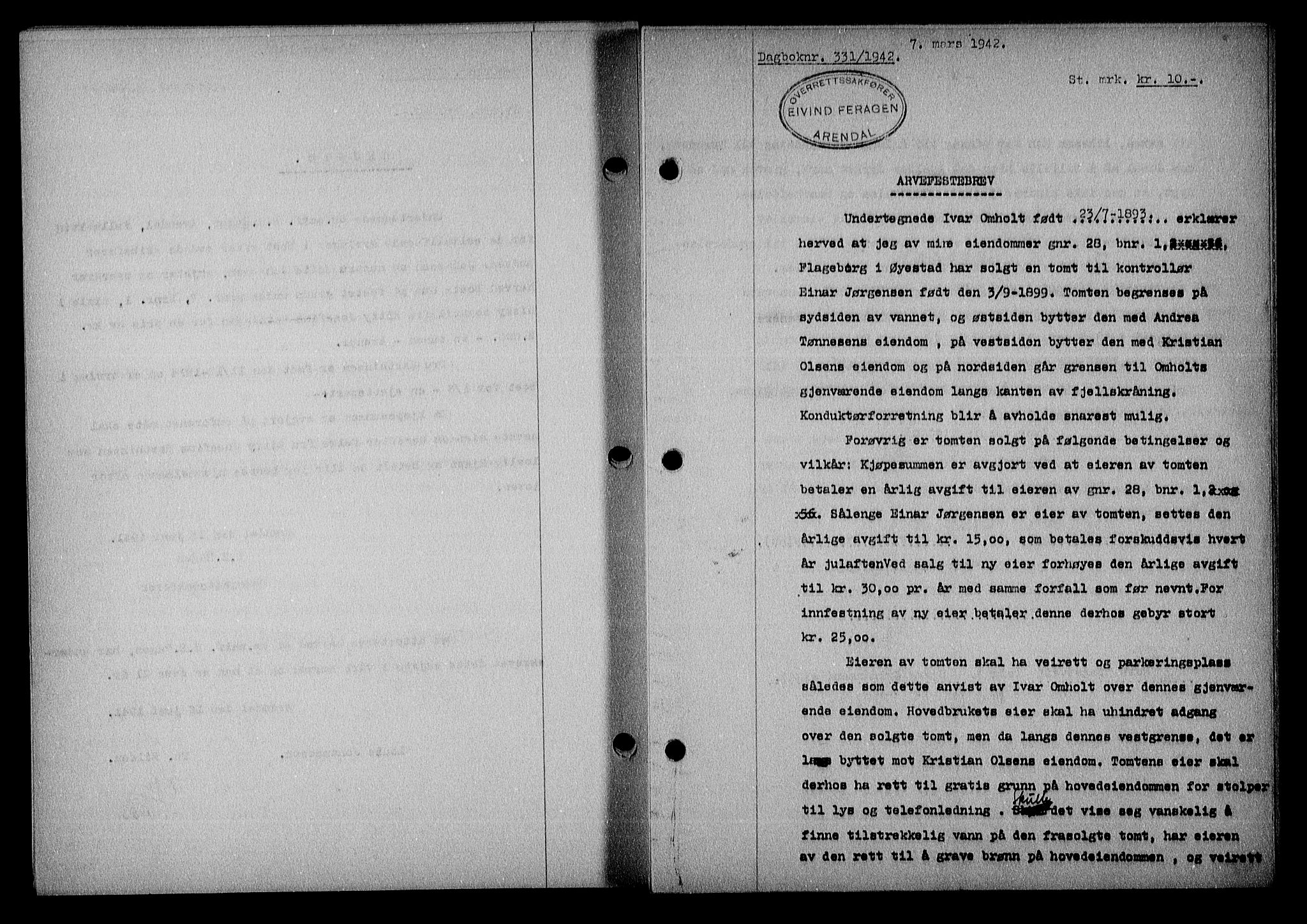 Nedenes sorenskriveri, SAK/1221-0006/G/Gb/Gba/L0049: Mortgage book no. A-III, 1941-1942, Diary no: : 331/1942