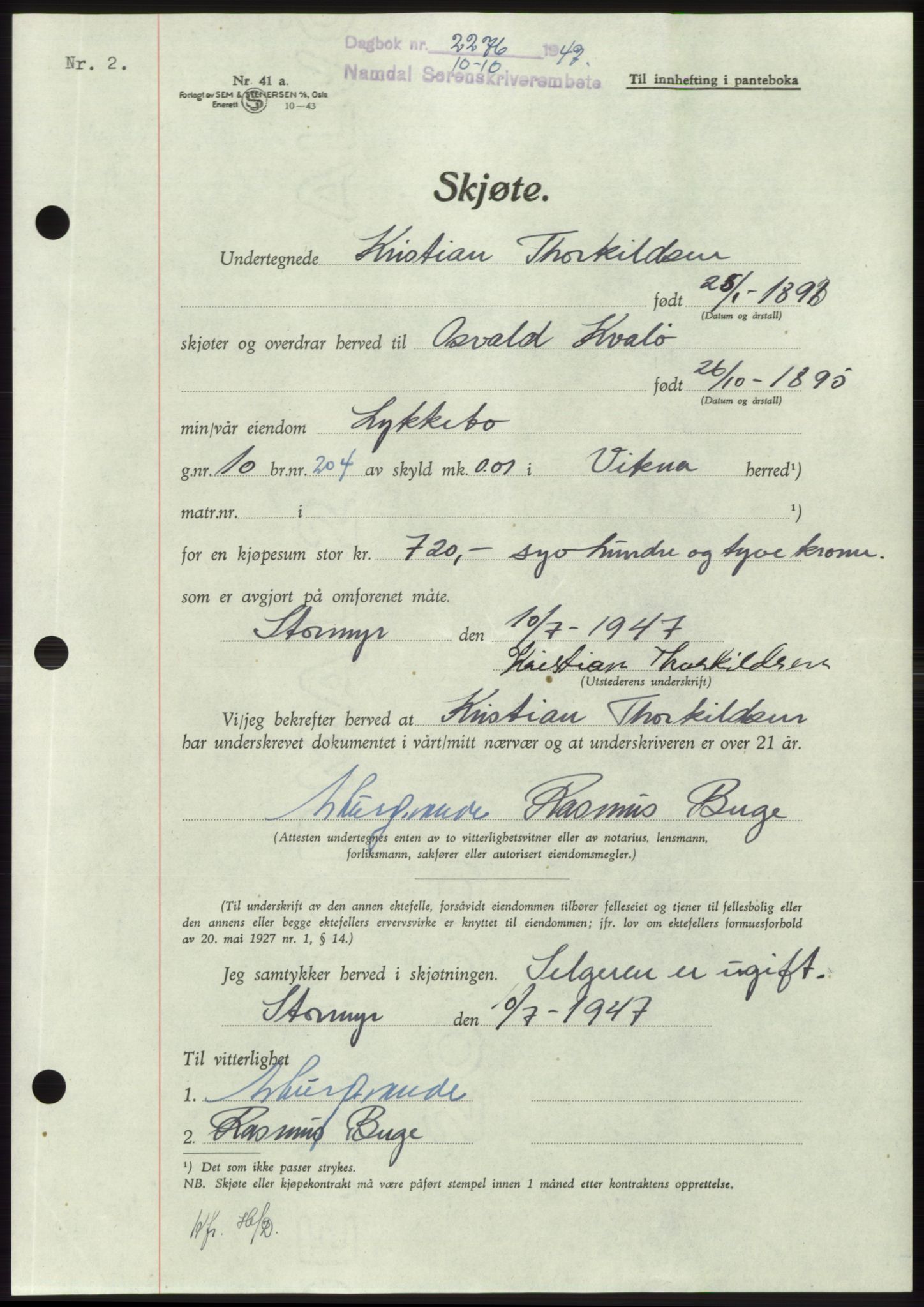 Namdal sorenskriveri, AV/SAT-A-4133/1/2/2C: Mortgage book no. -, 1947-1947, Diary no: : 2276/1947