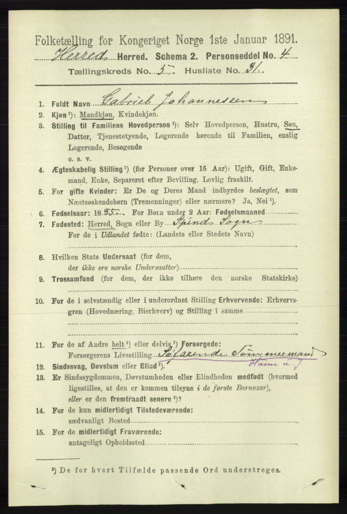 RA, 1891 census for 1039 Herad, 1891, p. 1954