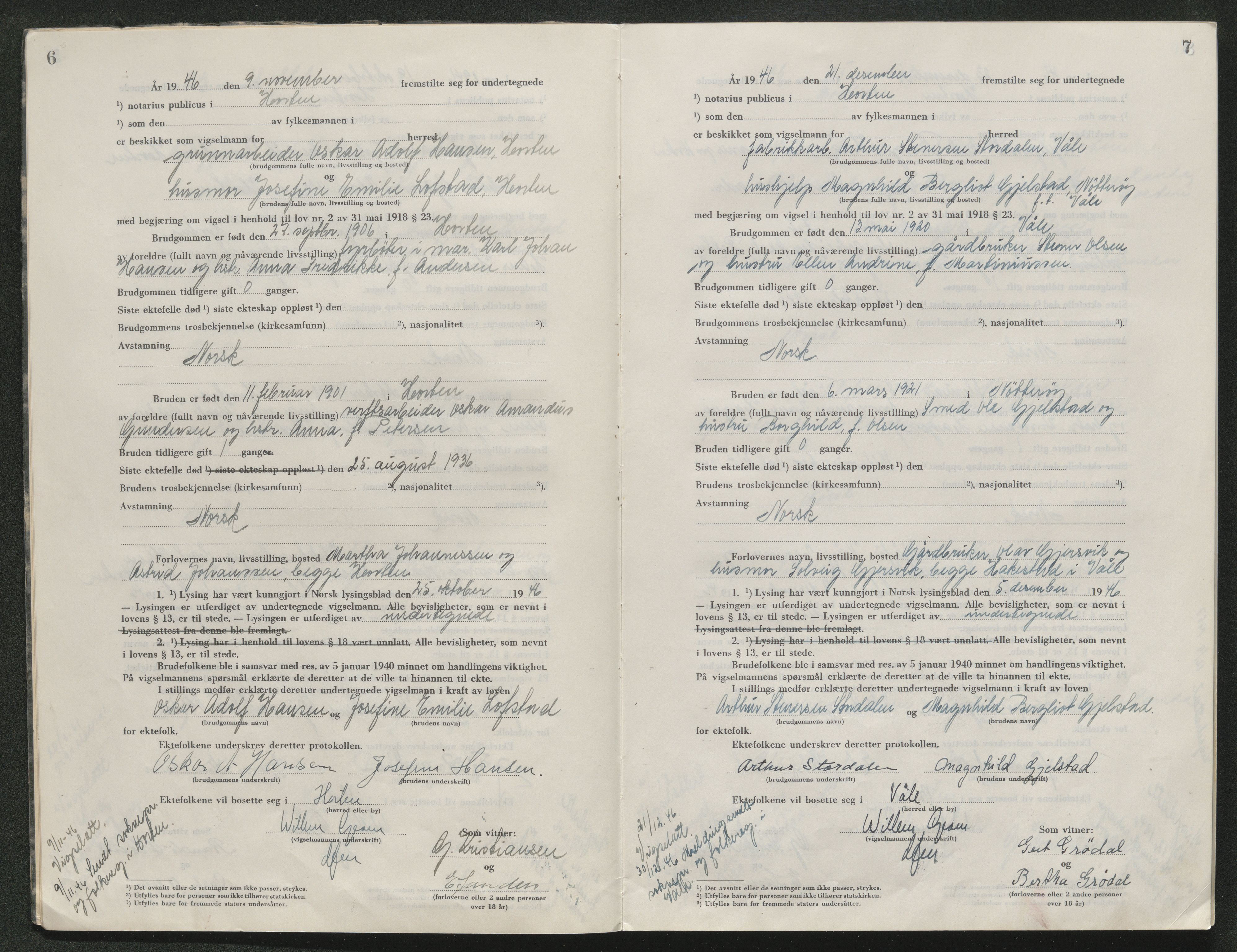 Horten sorenskriveri, AV/SAKO-A-133/L/Lc/L0004: Vigselsbok, 1946-1953, p. 6-7