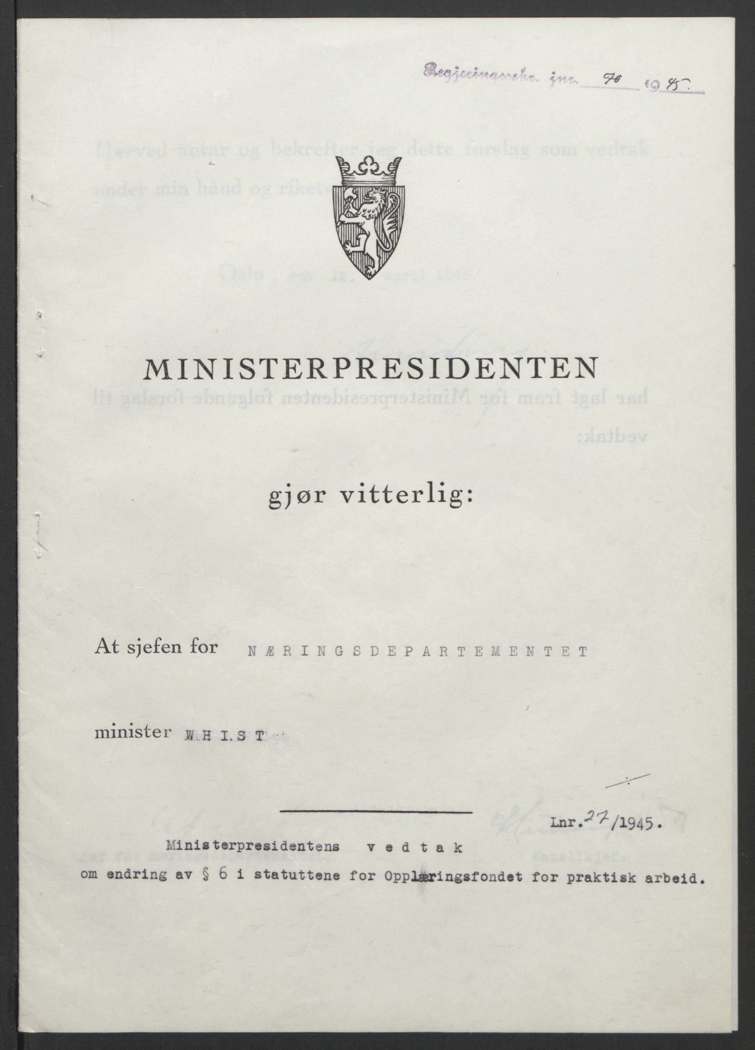 NS-administrasjonen 1940-1945 (Statsrådsekretariatet, de kommisariske statsråder mm), RA/S-4279/D/Db/L0101/0001: -- / Lover og vedtak, 1945, p. 245