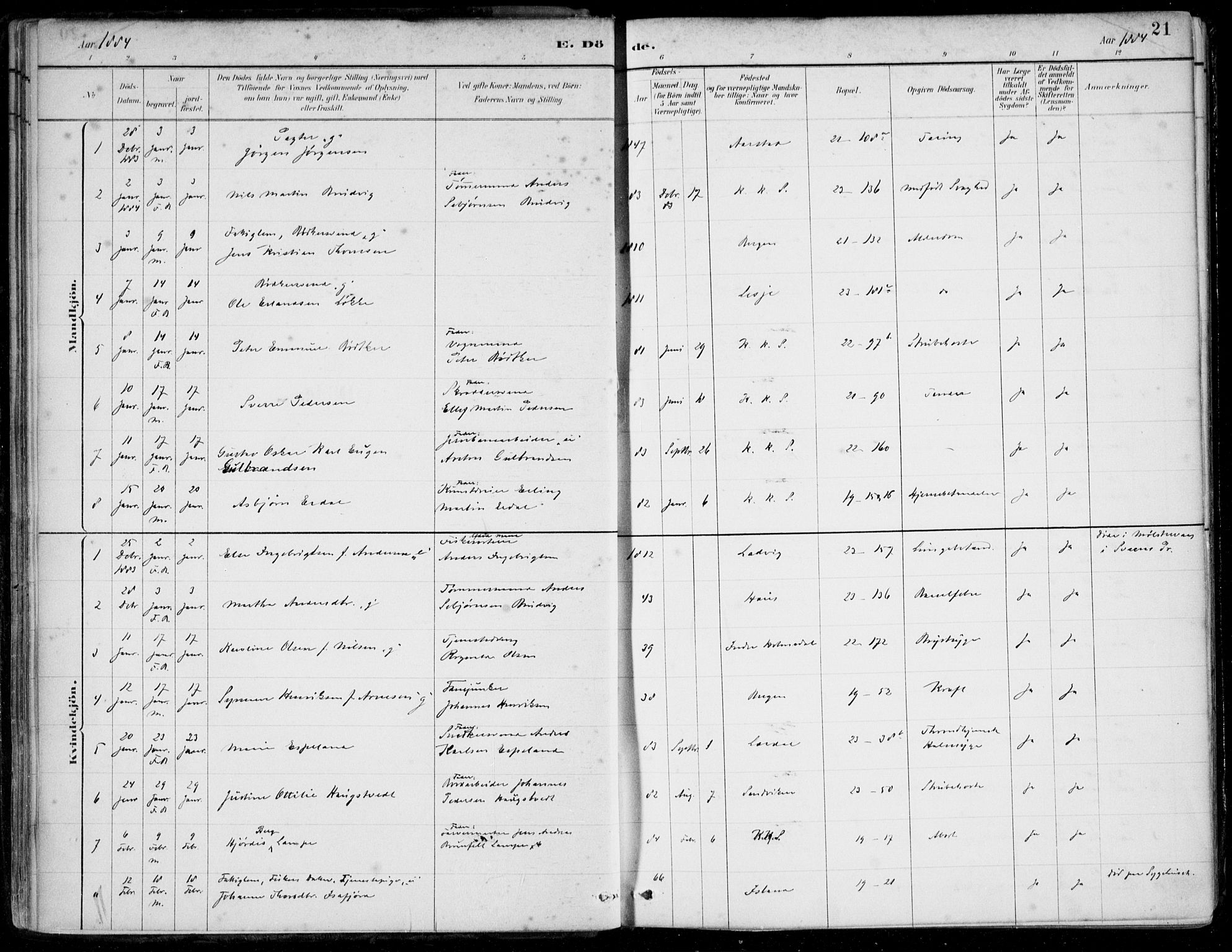 Korskirken sokneprestembete, SAB/A-76101/H/Hab: Parish register (copy) no. E 4, 1884-1910, p. 21
