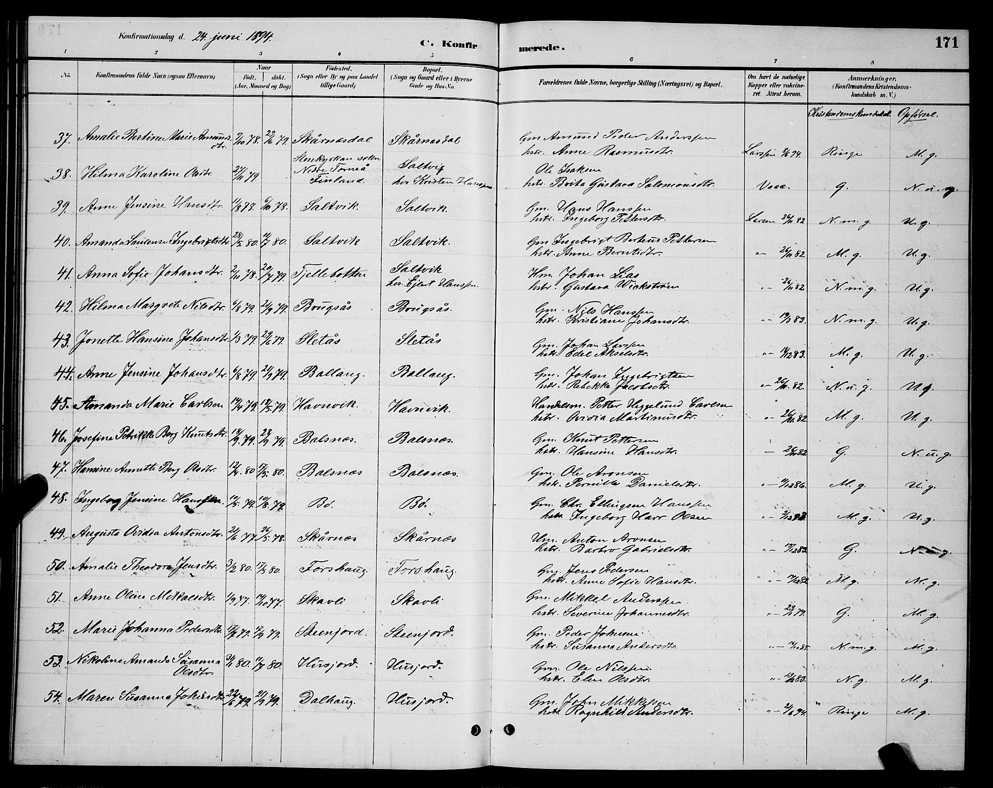 Ministerialprotokoller, klokkerbøker og fødselsregistre - Nordland, AV/SAT-A-1459/863/L0914: Parish register (copy) no. 863C04, 1886-1897, p. 171