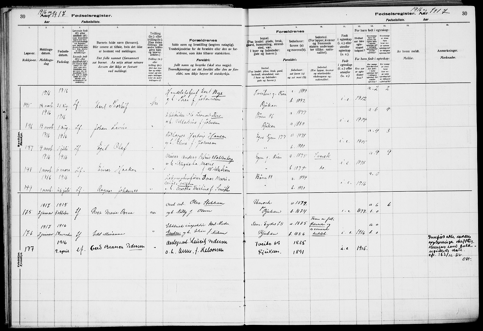 Rjukan kirkebøker, SAKO/A-294/J/Ja/L0001: Birth register no. 1, 1916-1922, p. 30