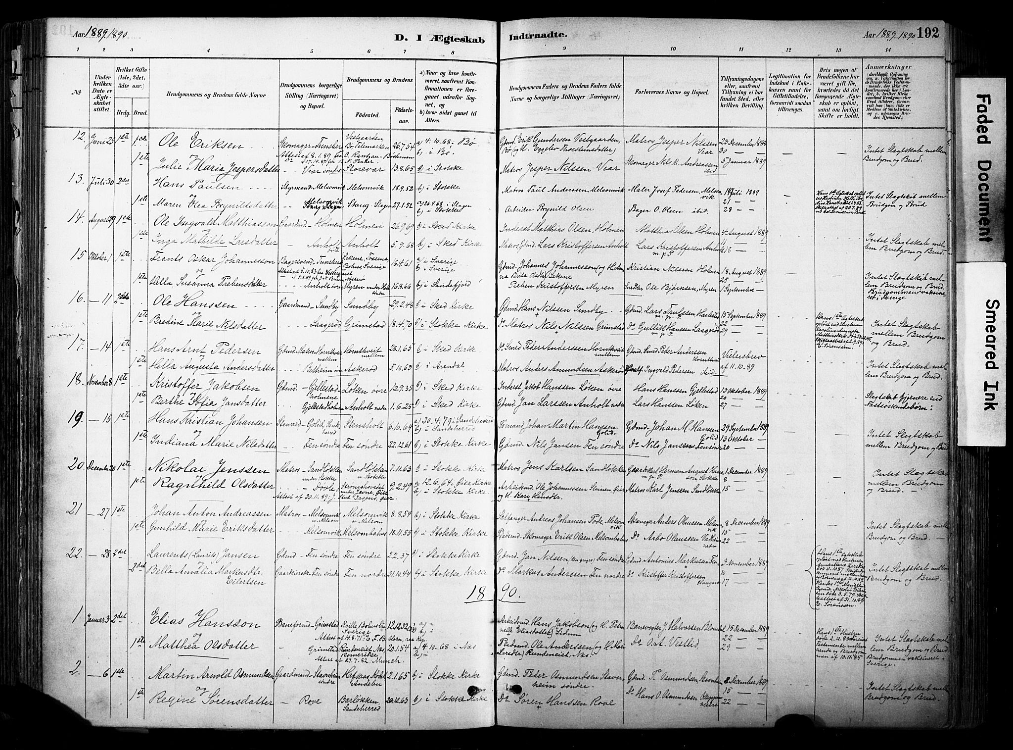 Stokke kirkebøker, SAKO/A-320/F/Fa/L0010: Parish register (official) no. I 10, 1884-1903, p. 192