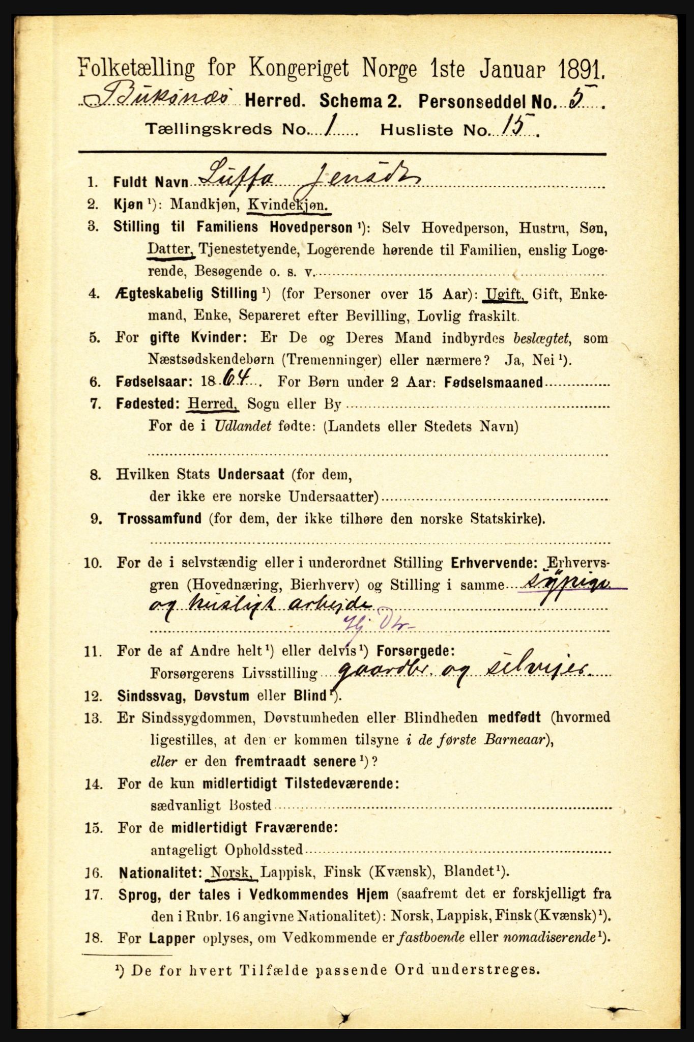 RA, 1891 census for 1860 Buksnes, 1891, p. 326