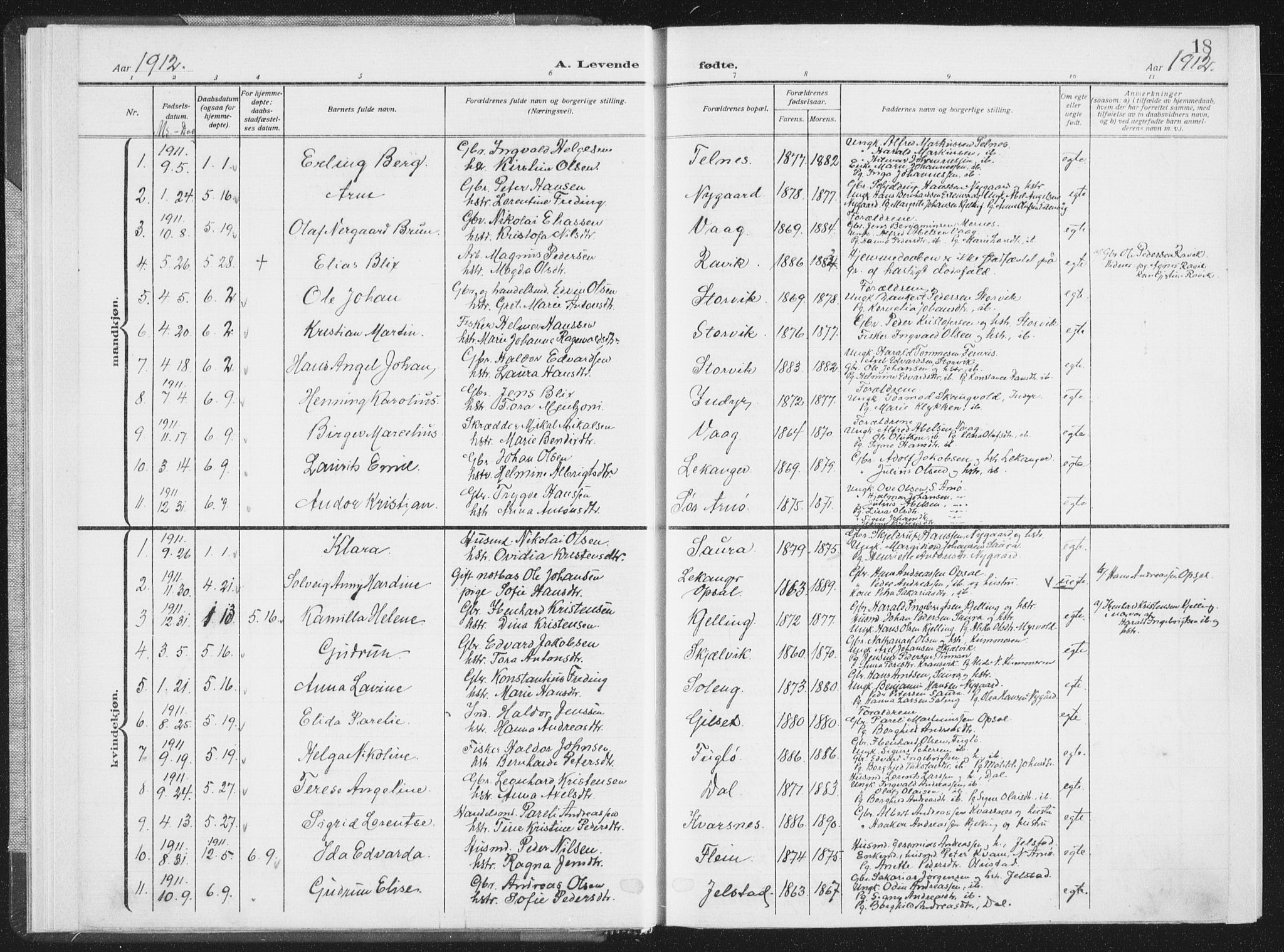 Ministerialprotokoller, klokkerbøker og fødselsregistre - Nordland, SAT/A-1459/805/L0104: Parish register (official) no. 805A09, 1909-1926, p. 18