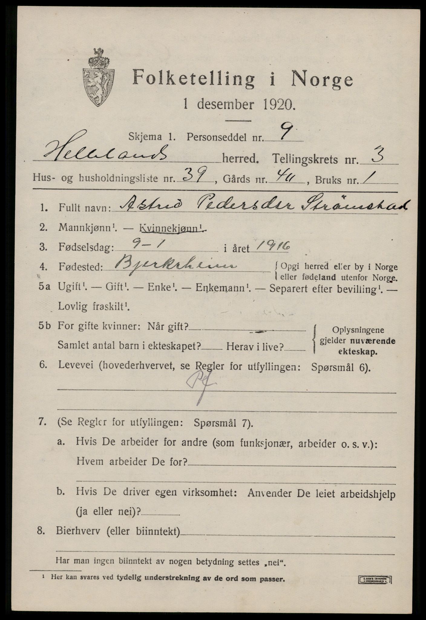 SAST, 1920 census for Helleland, 1920, p. 2203
