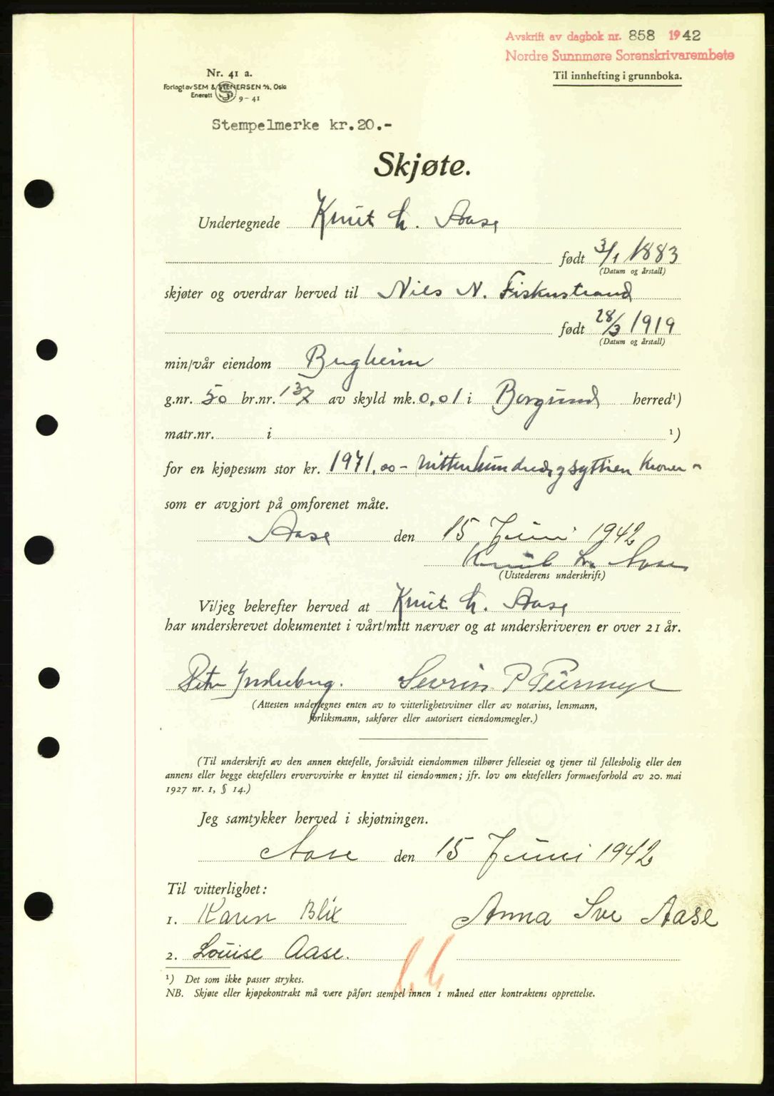 Nordre Sunnmøre sorenskriveri, AV/SAT-A-0006/1/2/2C/2Ca: Mortgage book no. A13, 1942-1942, Diary no: : 858/1942