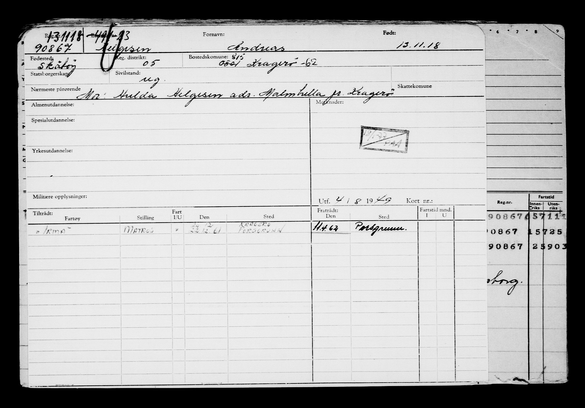 Direktoratet for sjømenn, RA/S-3545/G/Gb/L0164: Hovedkort, 1918, p. 62