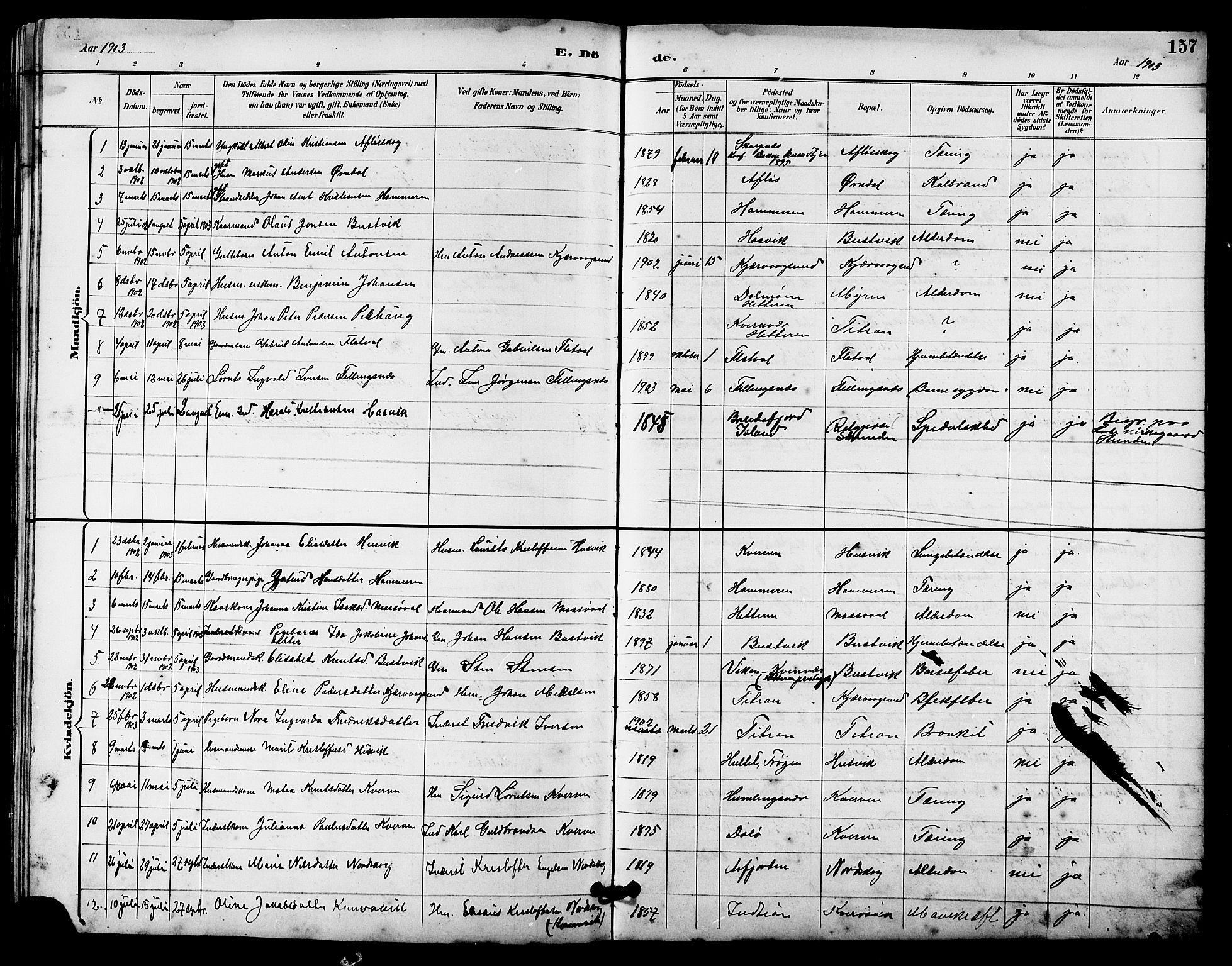 Ministerialprotokoller, klokkerbøker og fødselsregistre - Sør-Trøndelag, SAT/A-1456/641/L0598: Parish register (copy) no. 641C02, 1893-1910, p. 157