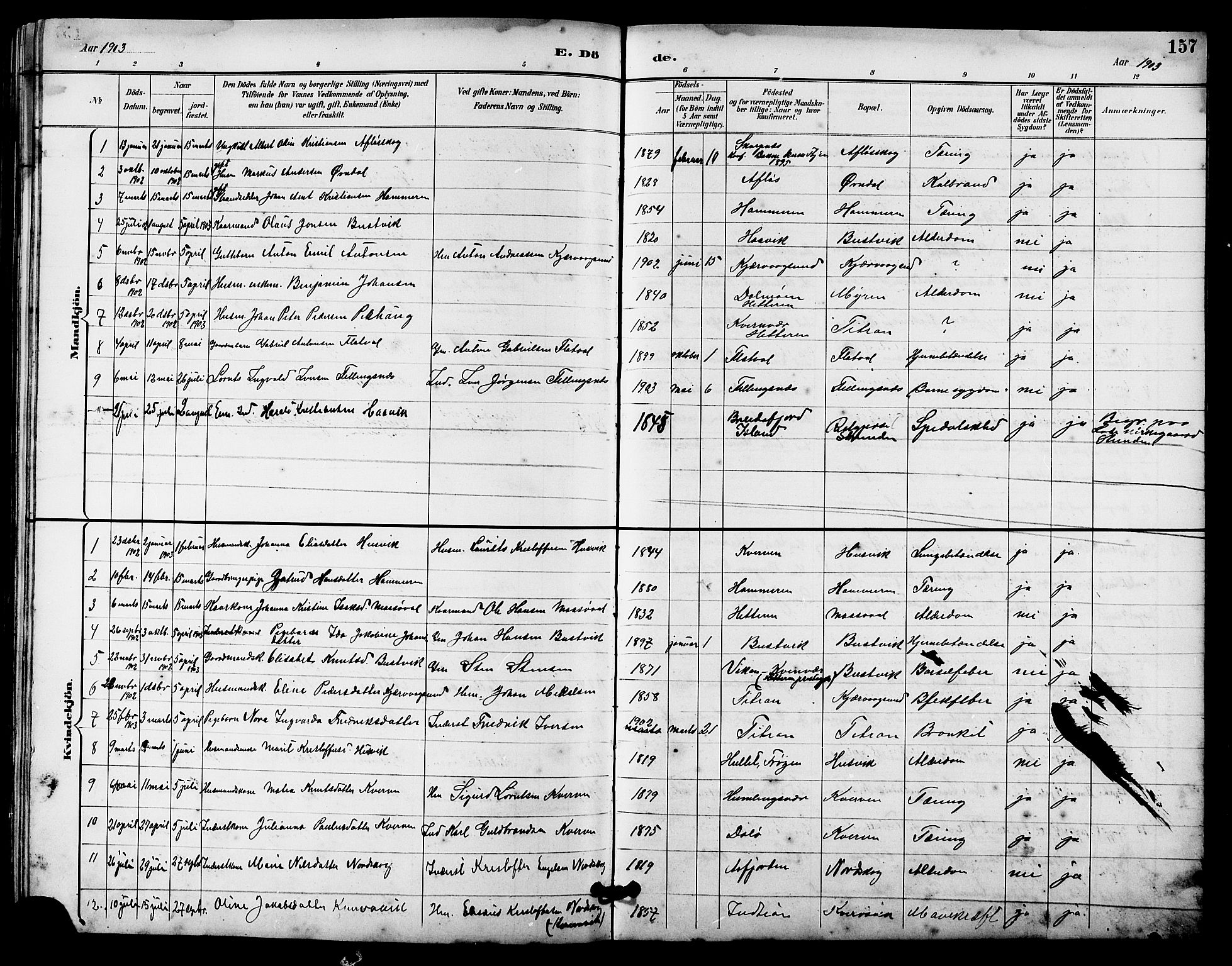 Ministerialprotokoller, klokkerbøker og fødselsregistre - Sør-Trøndelag, AV/SAT-A-1456/641/L0598: Parish register (copy) no. 641C02, 1893-1910, p. 157