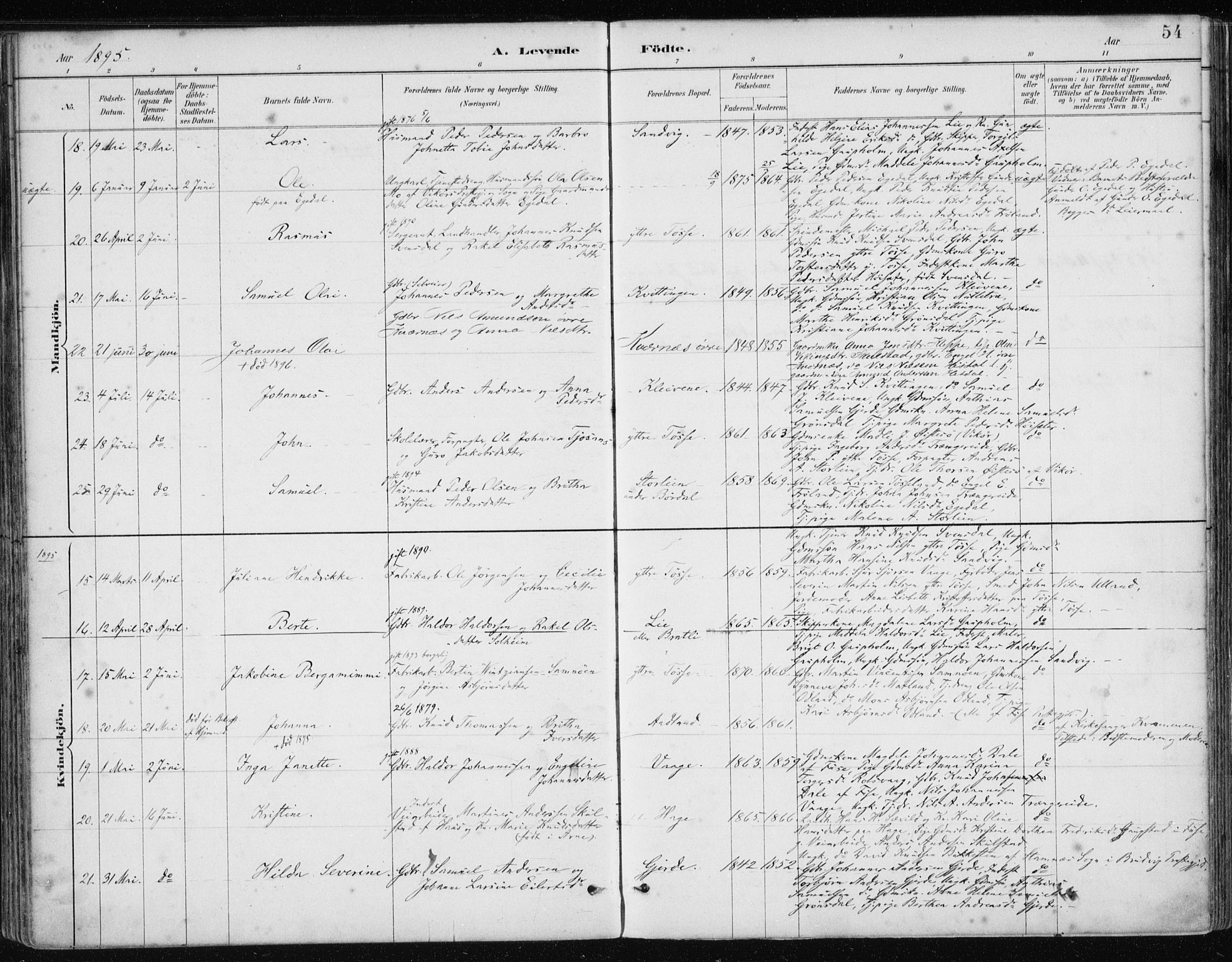 Samnanger Sokneprestembete, AV/SAB-A-77501/H/Haa: Parish register (official) no. A 1, 1885-1901, p. 54