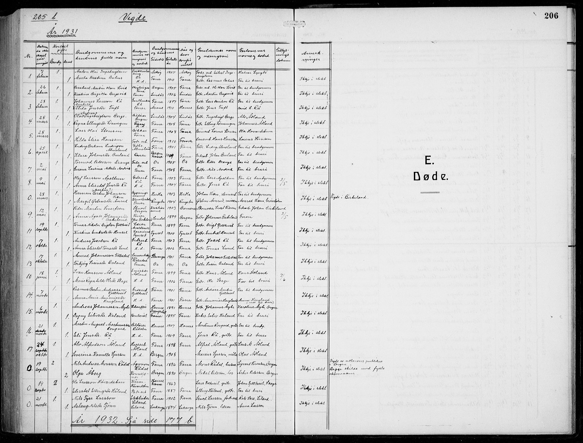 Fana Sokneprestembete, AV/SAB-A-75101/H/Hab/Haba/L0005: Parish register (copy) no. A 5, 1911-1932, p. 206