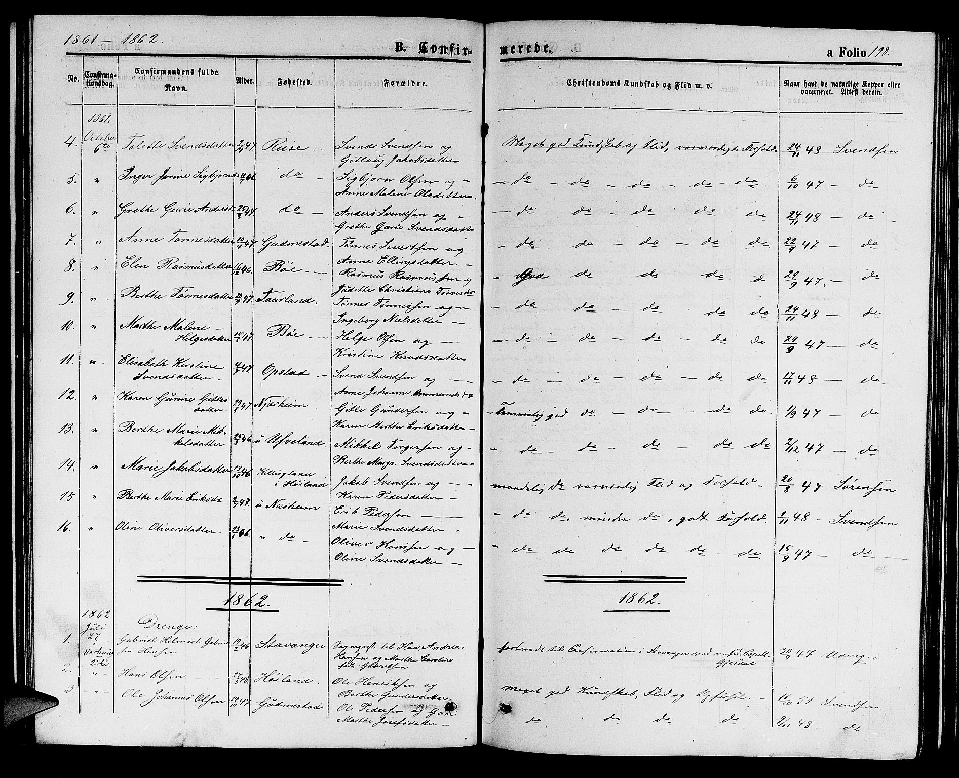 Hå sokneprestkontor, SAST/A-101801/001/30BB/L0001: Parish register (copy) no. B 1, 1854-1883, p. 198