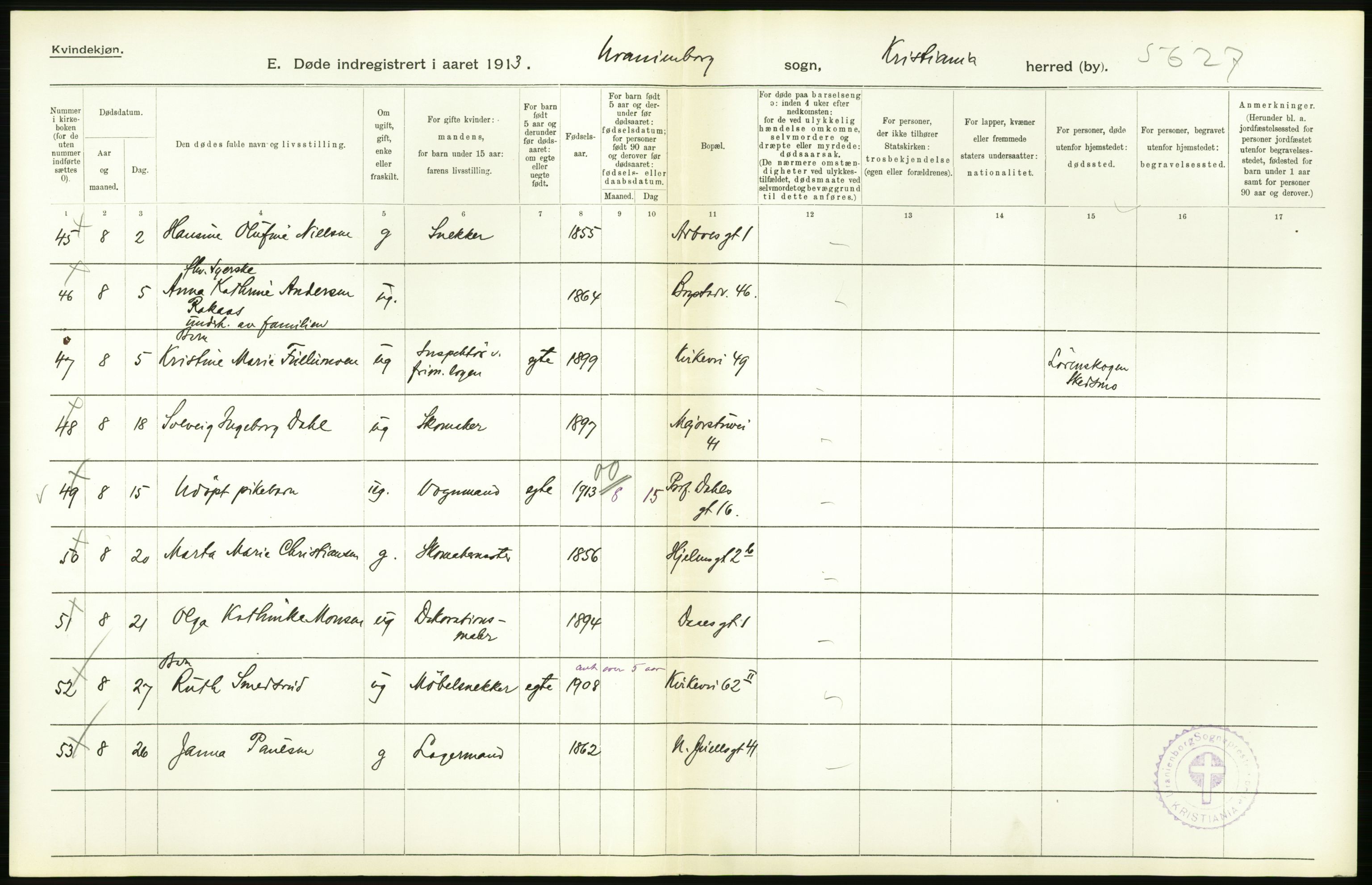 Statistisk sentralbyrå, Sosiodemografiske emner, Befolkning, AV/RA-S-2228/D/Df/Dfb/Dfbc/L0009: Kristiania: Døde., 1913, p. 10