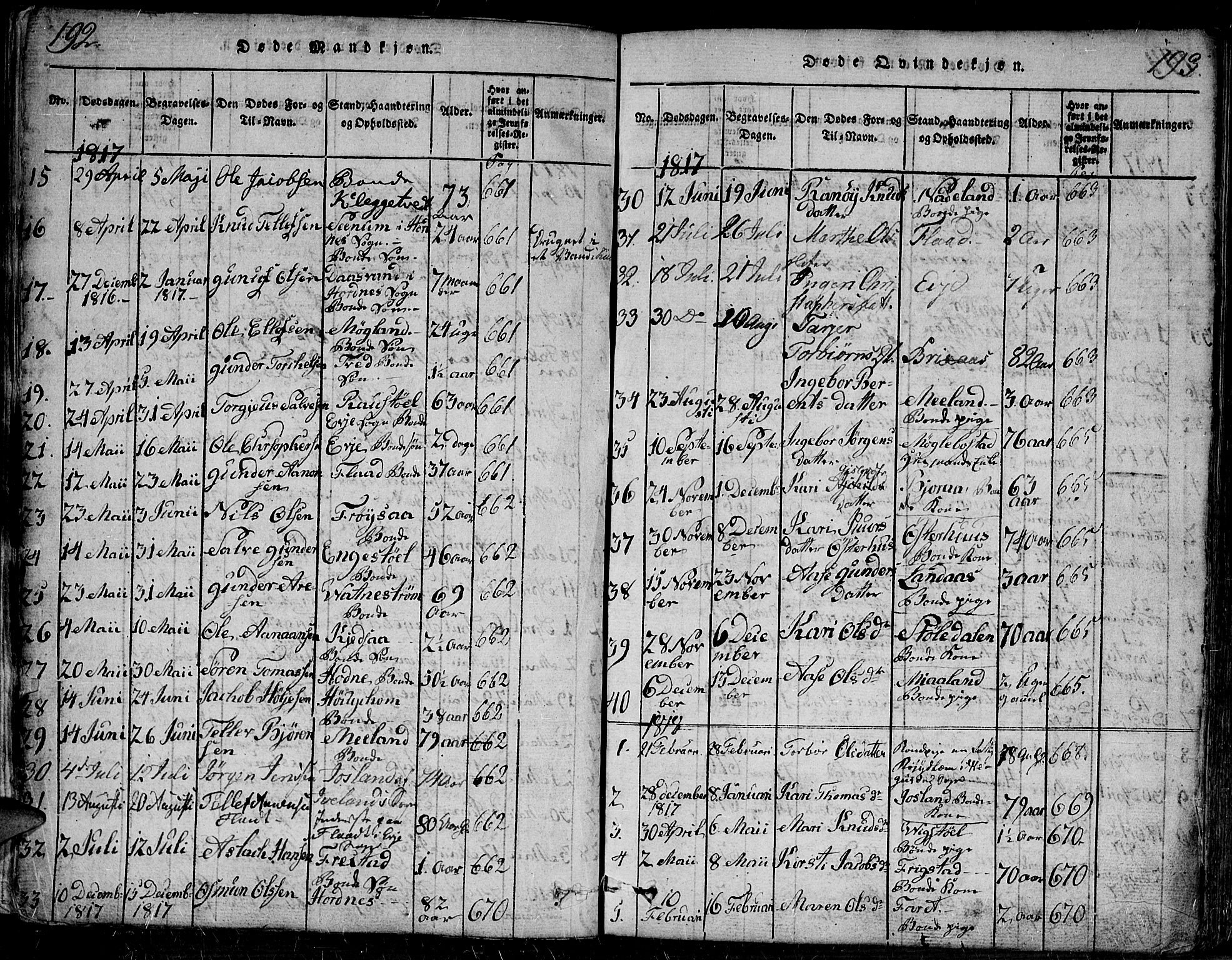 Evje sokneprestkontor, SAK/1111-0008/F/Fa/Faa/L0004: Parish register (official) no. A 4, 1816-1840, p. 192-193