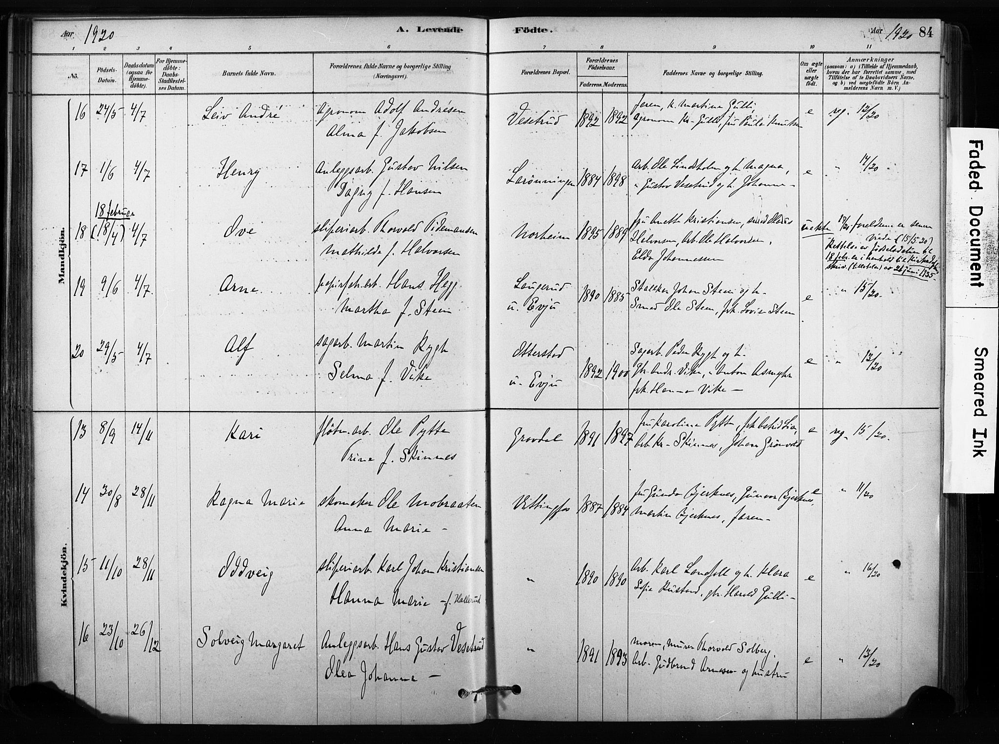 Sandsvær kirkebøker, AV/SAKO-A-244/F/Fc/L0001: Parish register (official) no. III 1, 1878-1923, p. 84