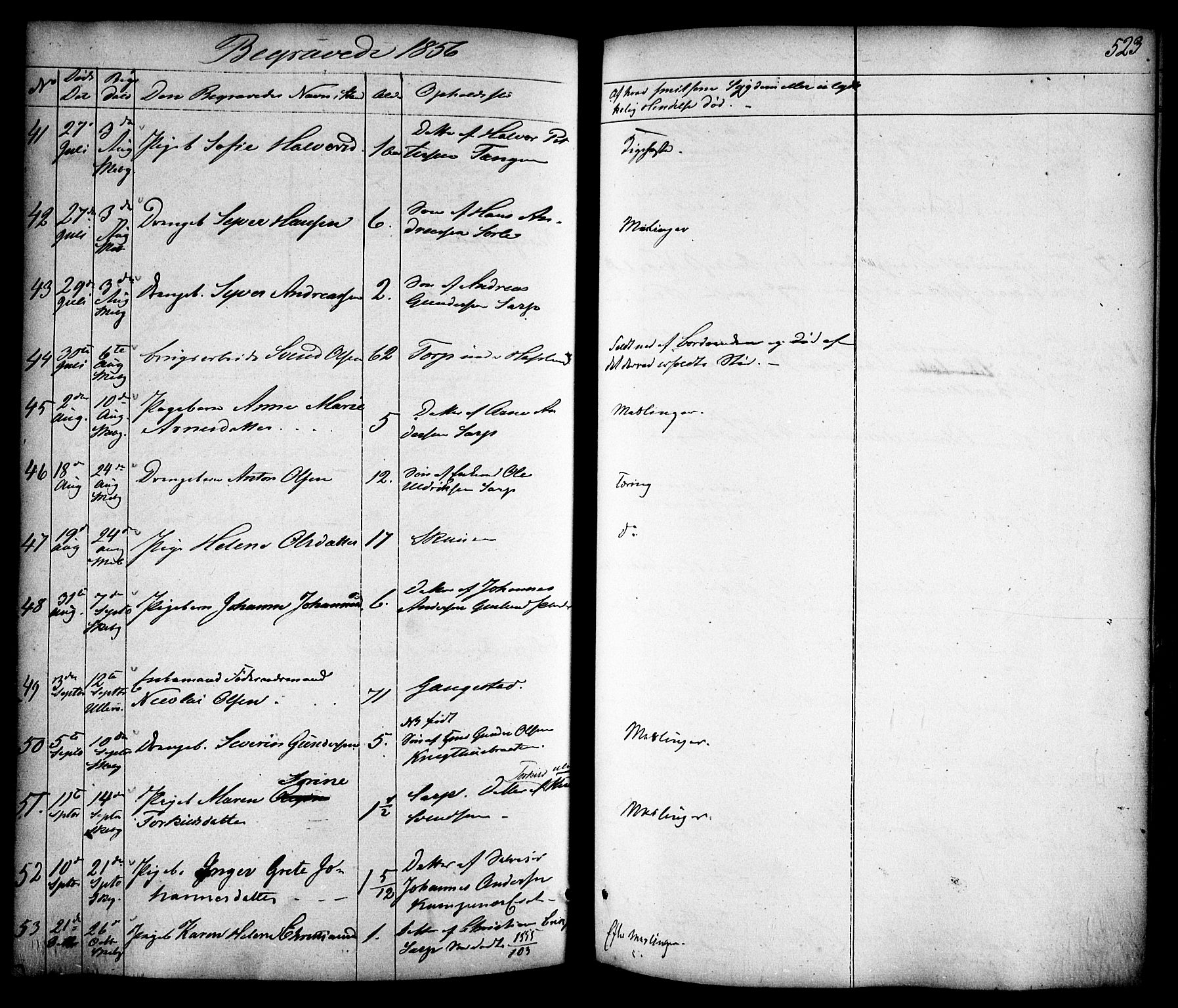 Skjeberg prestekontor Kirkebøker, AV/SAO-A-10923/F/Fa/L0006: Parish register (official) no. I 6, 1846-1858, p. 523