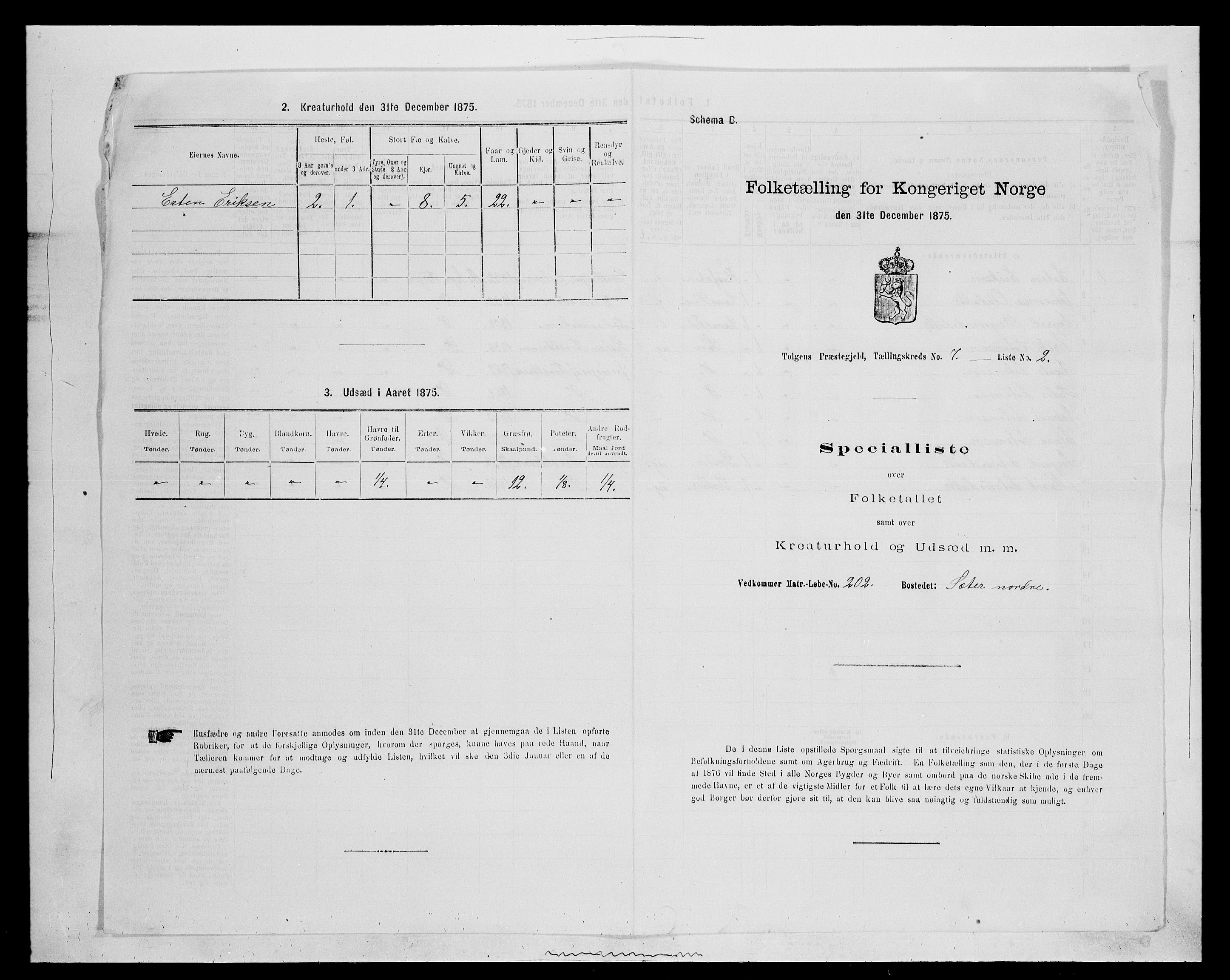 SAH, 1875 census for 0436P Tolga, 1875, p. 697