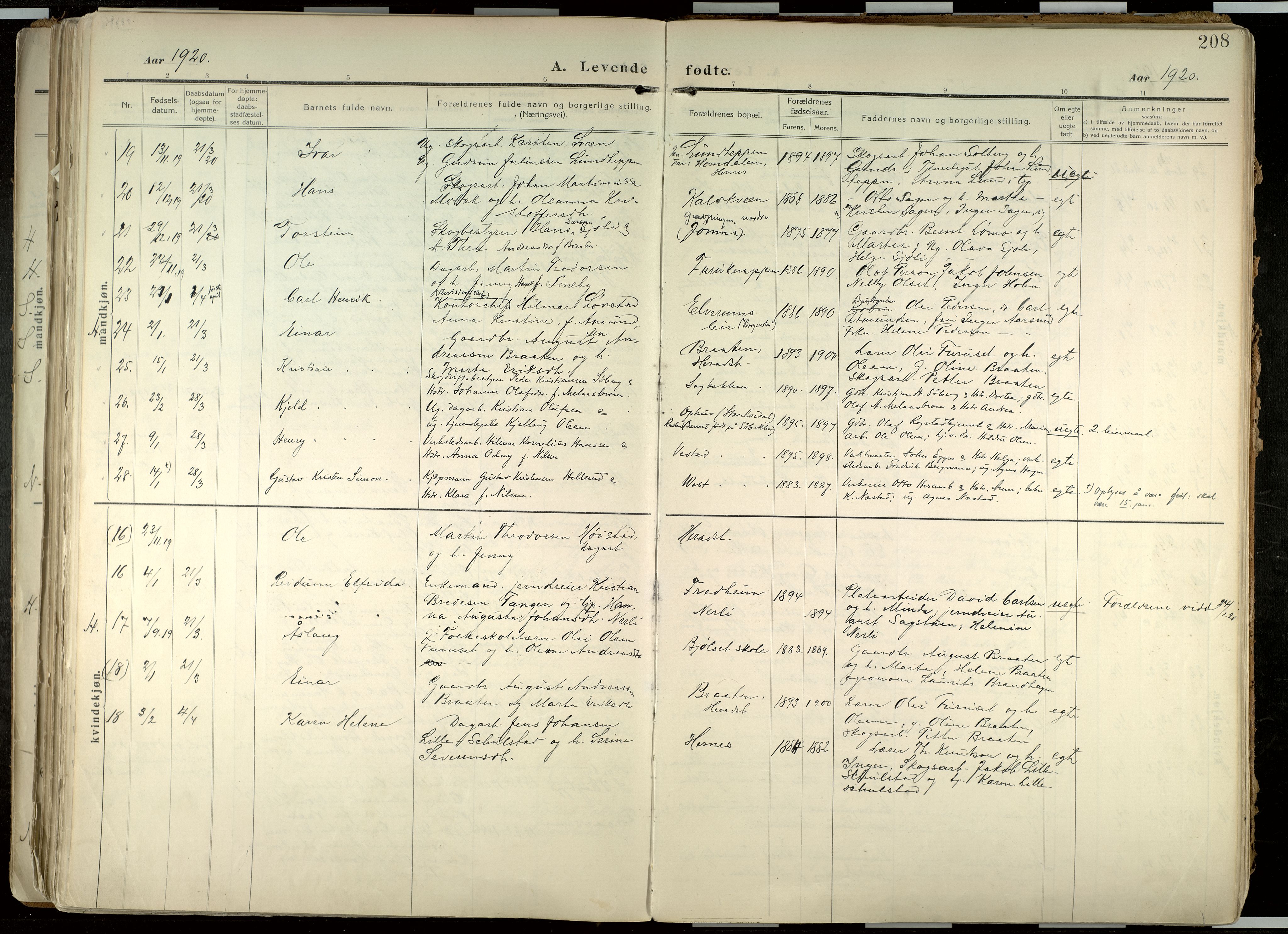 Elverum prestekontor, AV/SAH-PREST-044/H/Ha/Haa/L0020: Parish register (official) no. 20, 1909-1921, p. 208