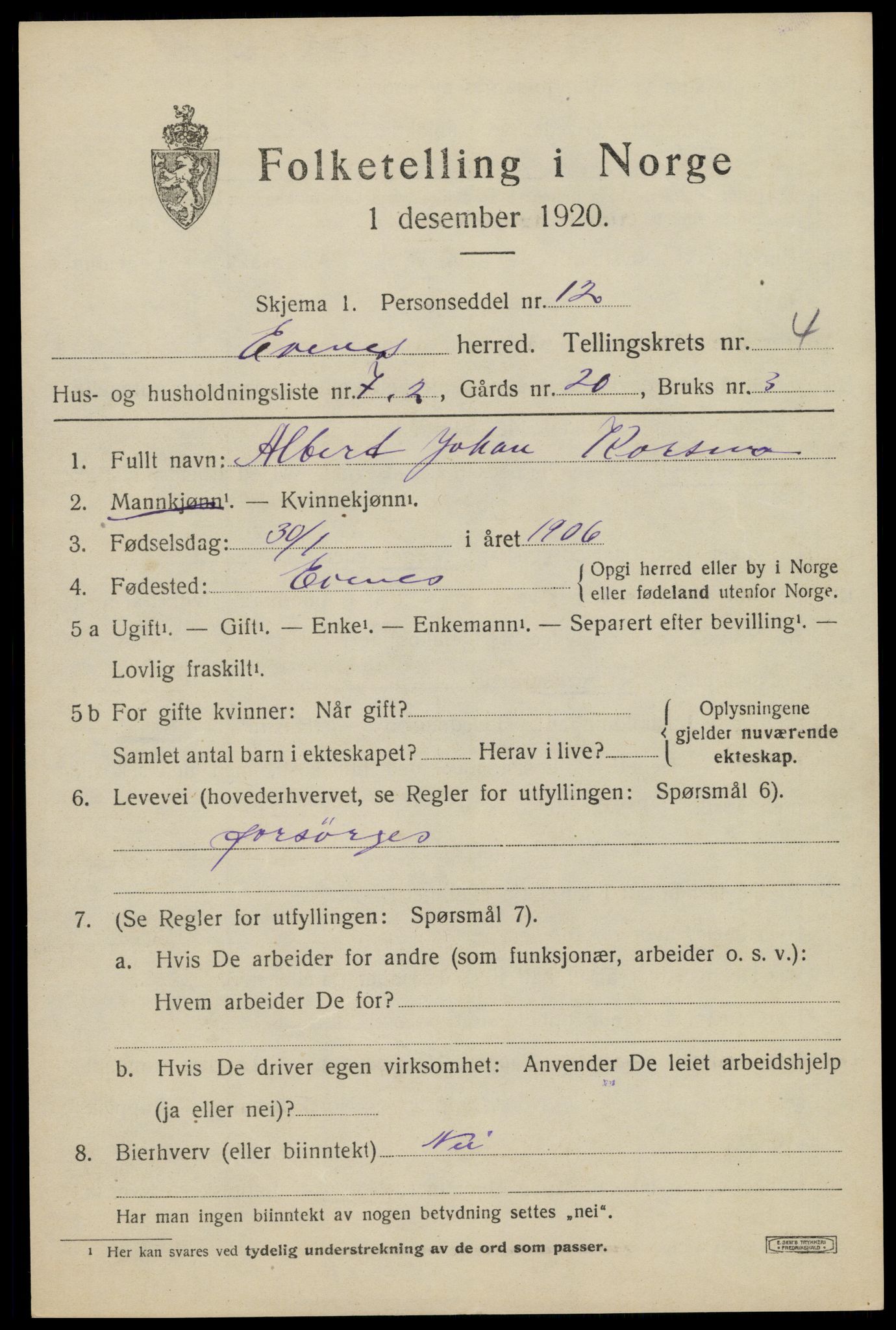 SAT, 1920 census for Evenes, 1920, p. 3692