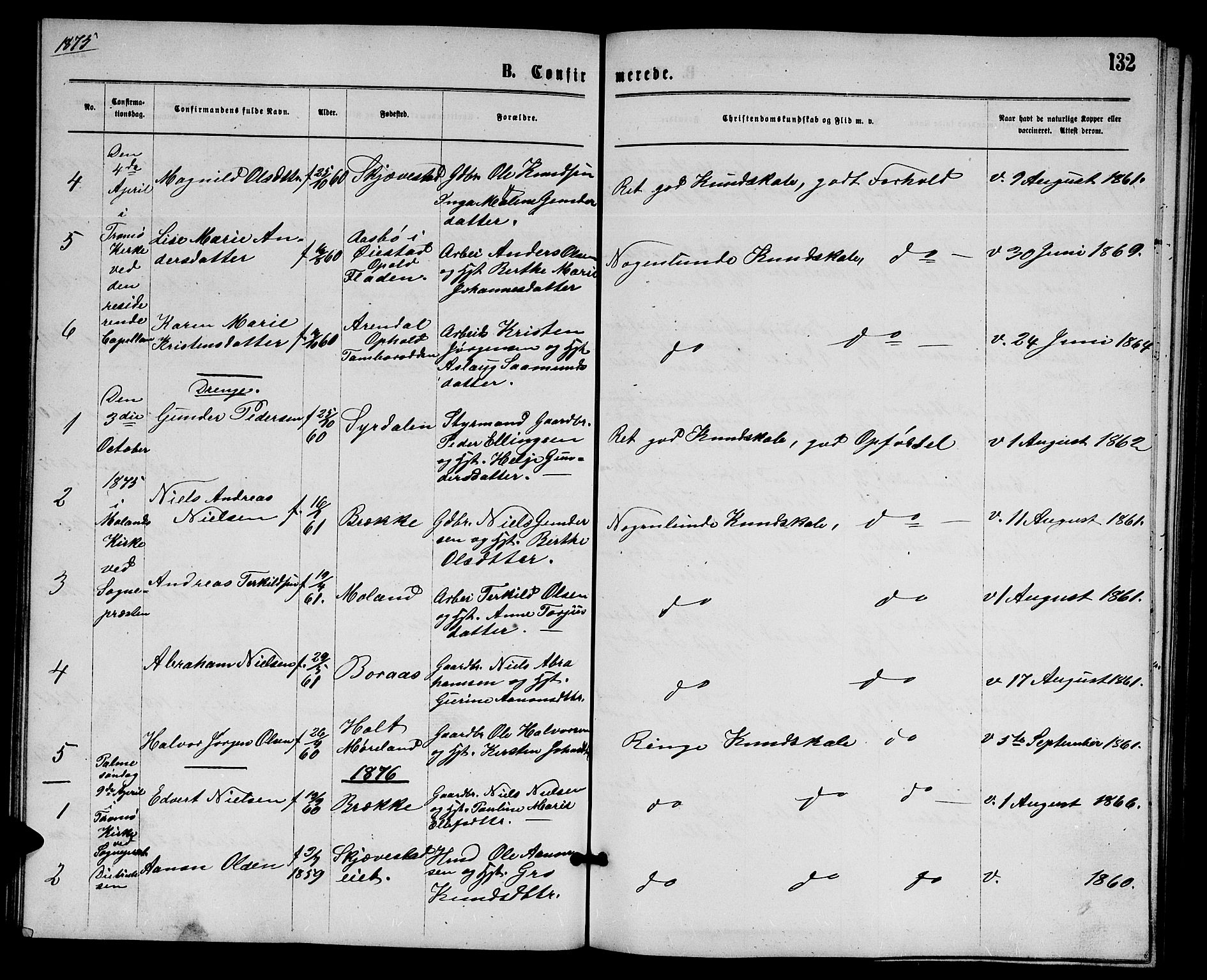 Austre Moland sokneprestkontor, SAK/1111-0001/F/Fb/Fba/L0002: Parish register (copy) no. B 2, 1869-1879, p. 132