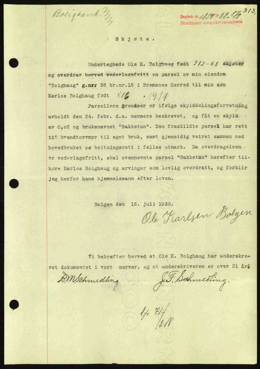 Nordmøre sorenskriveri, SAT/A-4132/1/2/2Ca: Mortgage book no. A84, 1938-1938, Diary no: : 1859/1938