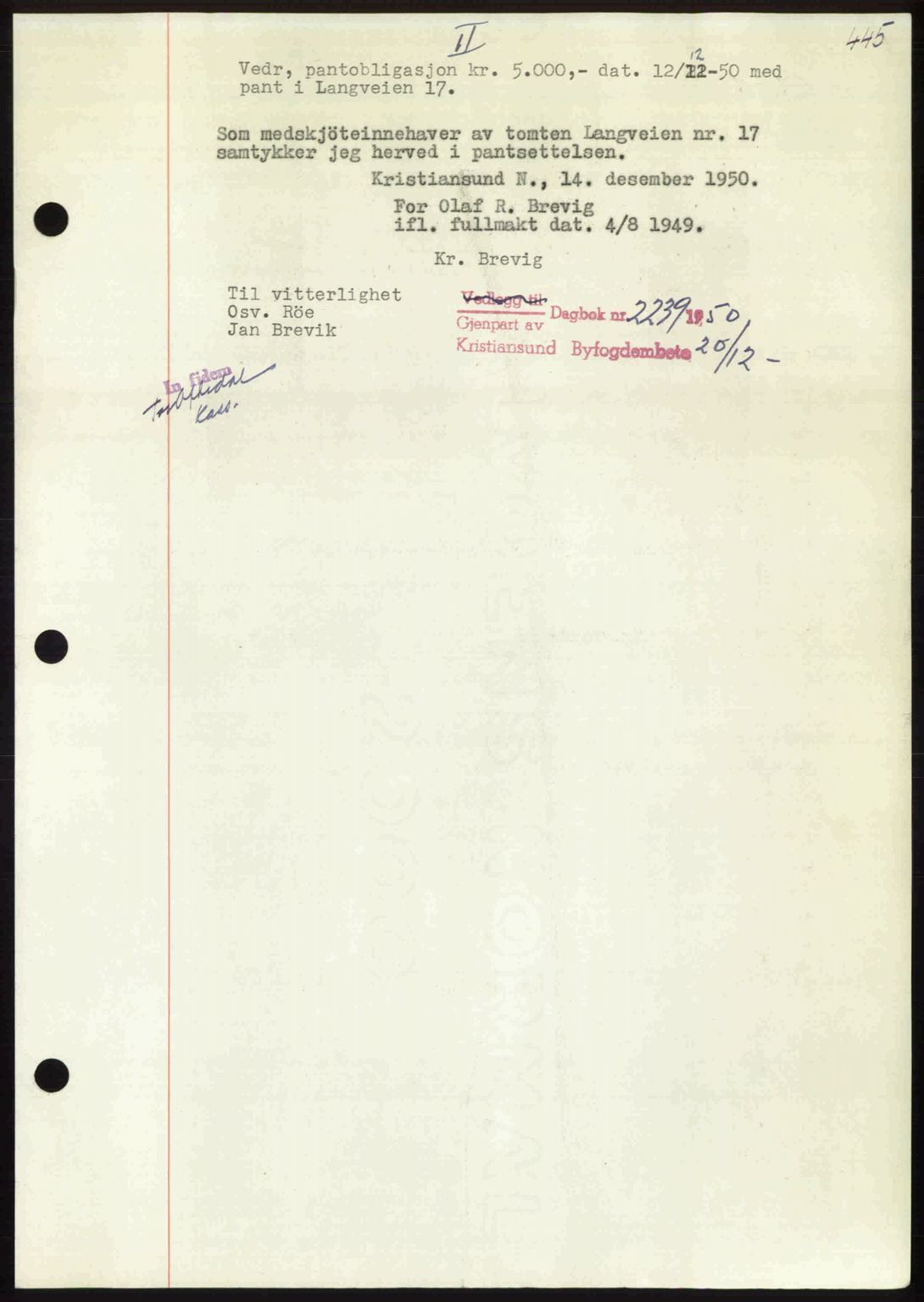 Kristiansund byfogd, AV/SAT-A-4587/A/27: Mortgage book no. 50, 1950-1950, Diary no: : 2239/1950