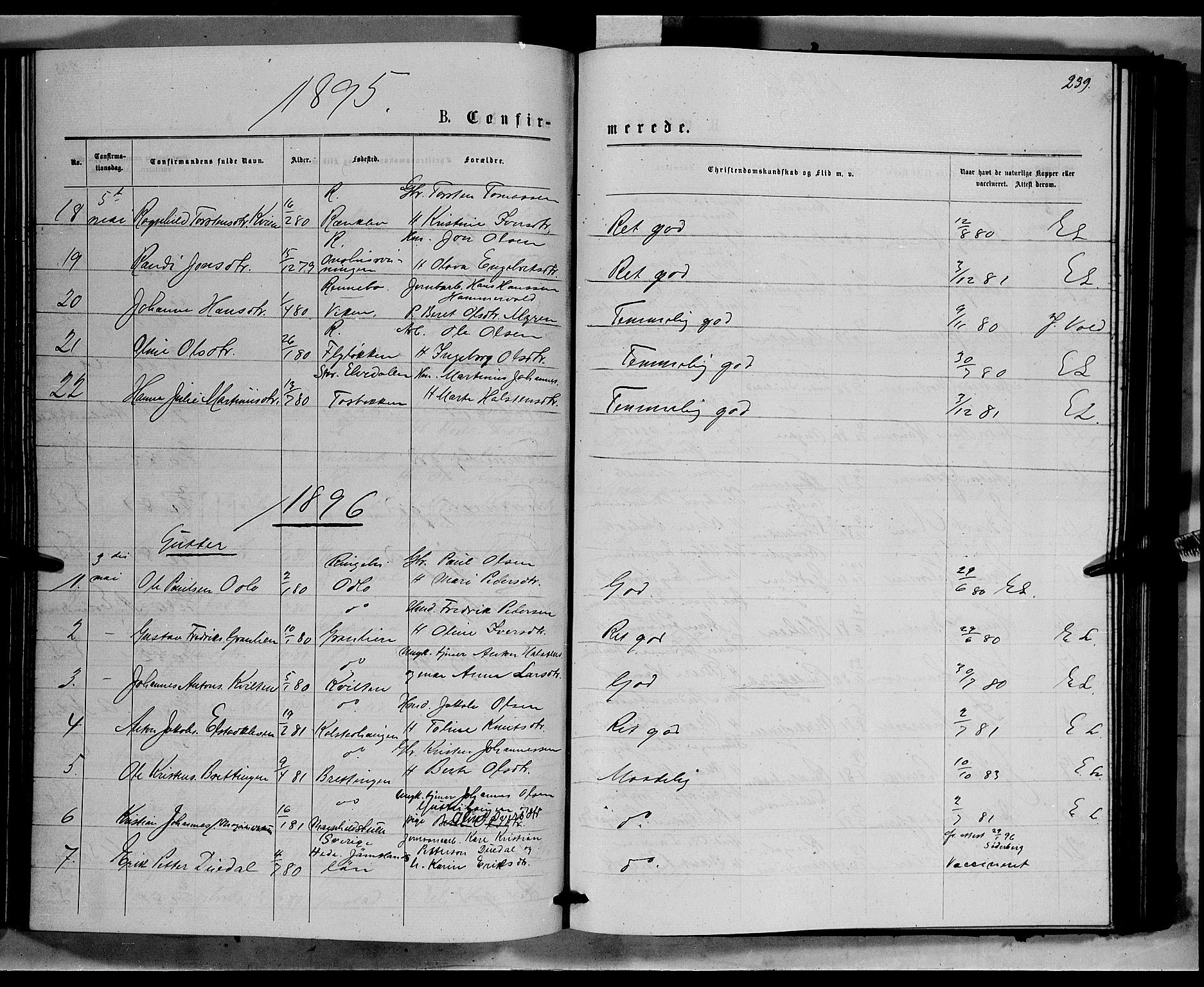 Ringebu prestekontor, SAH/PREST-082/H/Ha/Hab/L0006: Parish register (copy) no. 6, 1880-1898, p. 239