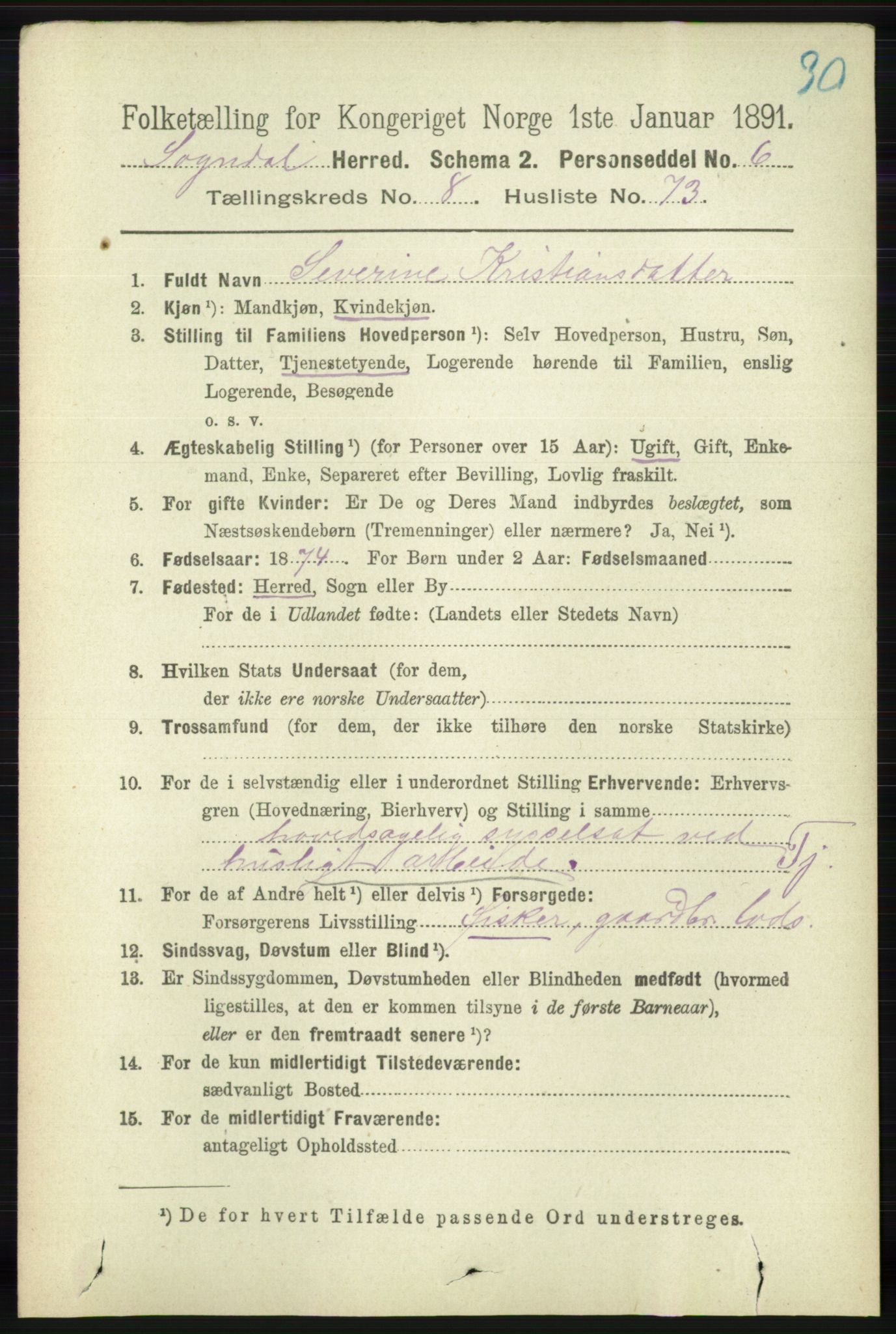 RA, 1891 census for 1111 Sokndal, 1891, p. 3105