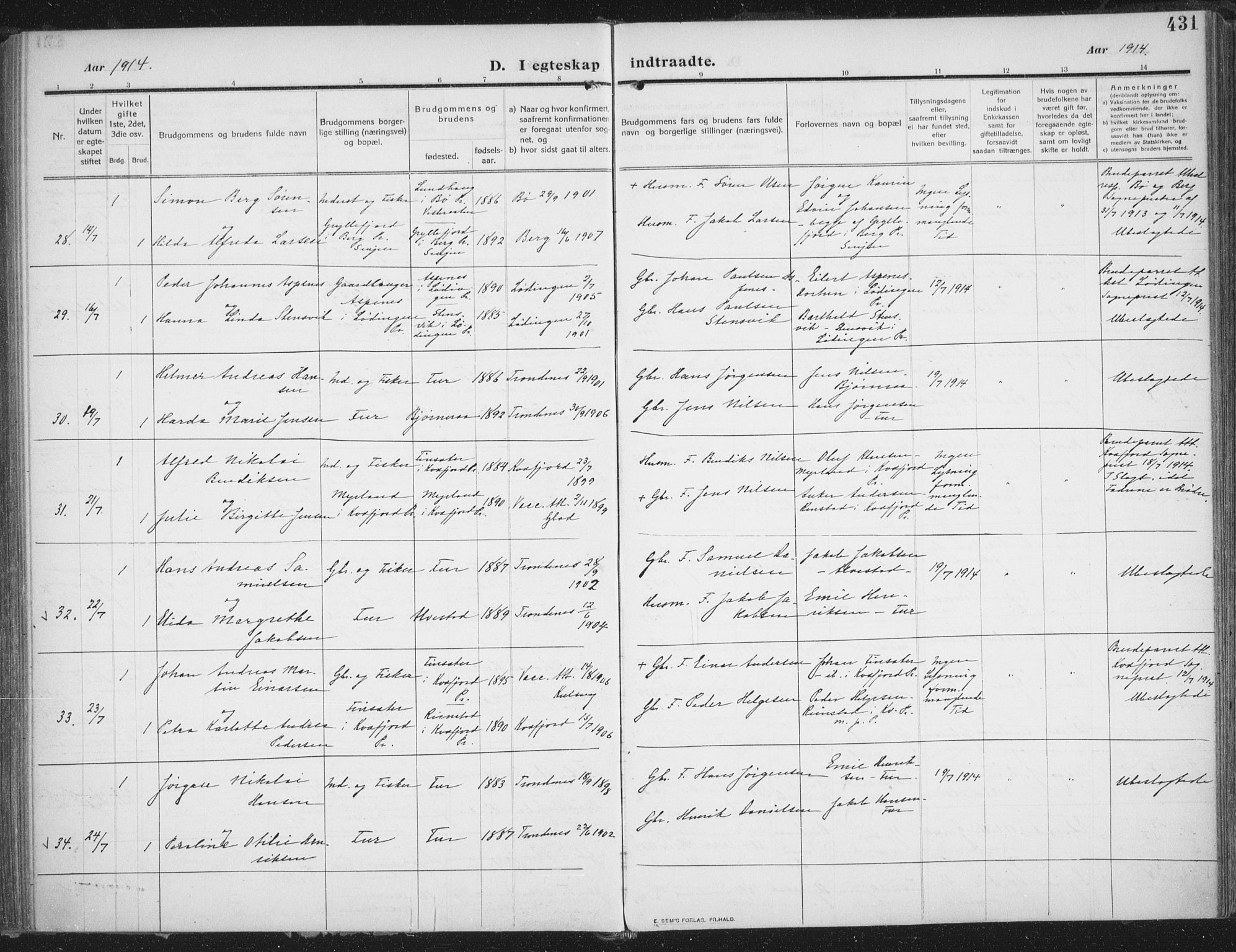 Trondenes sokneprestkontor, SATØ/S-1319/H/Ha/L0018kirke: Parish register (official) no. 18, 1909-1918, p. 431