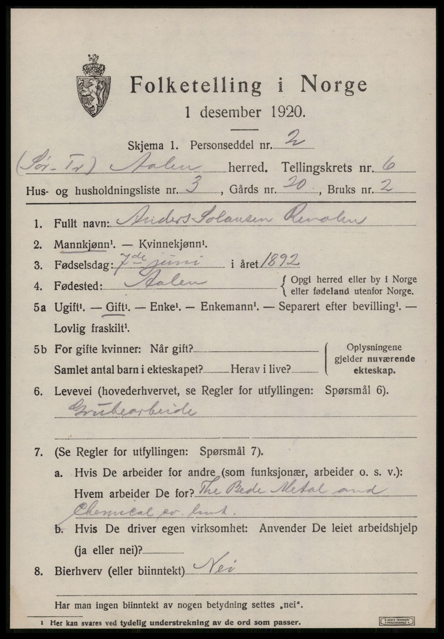 SAT, 1920 census for Ålen, 1920, p. 2936