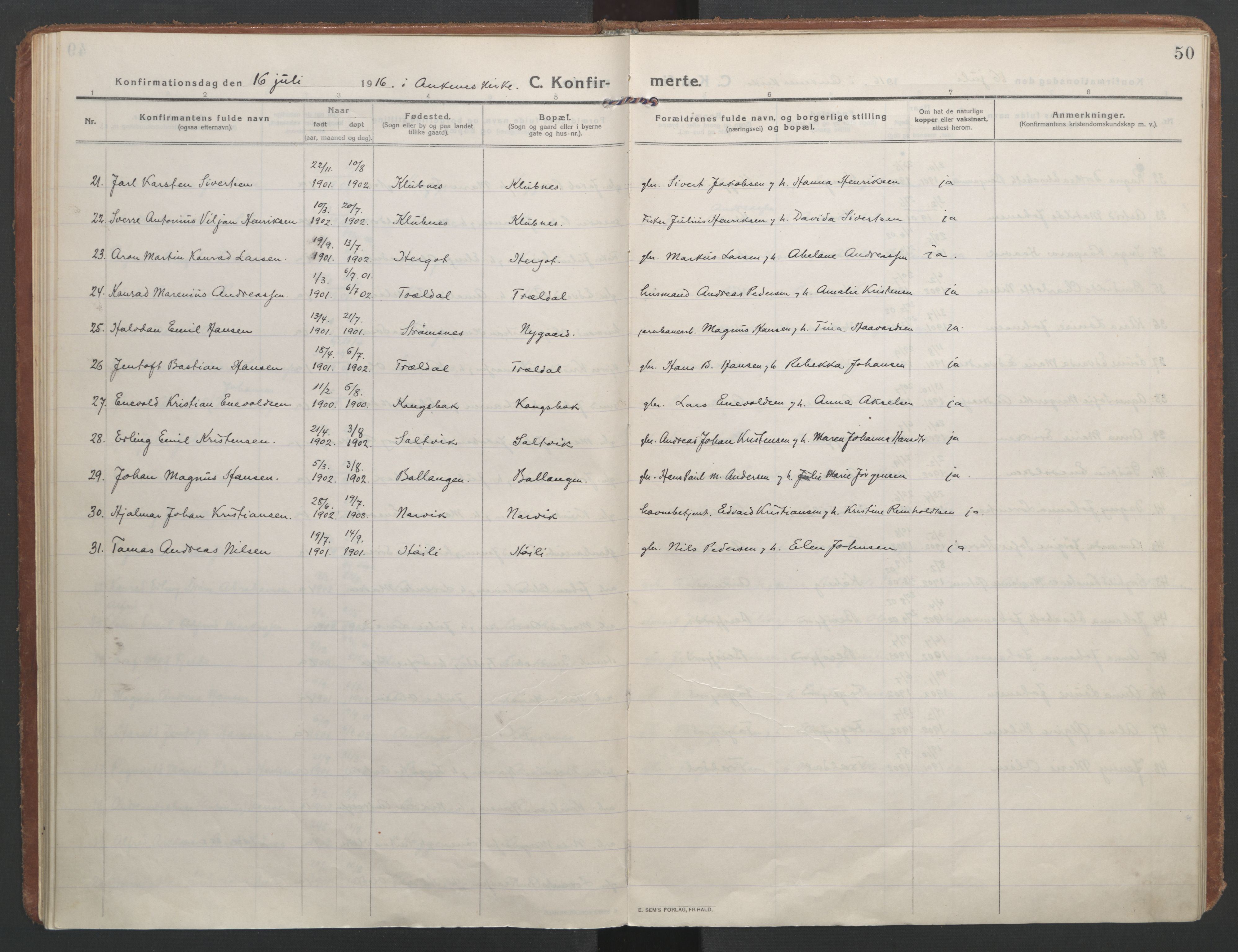 Ministerialprotokoller, klokkerbøker og fødselsregistre - Nordland, AV/SAT-A-1459/866/L0944: Parish register (official) no. 866A07, 1906-1926, p. 50