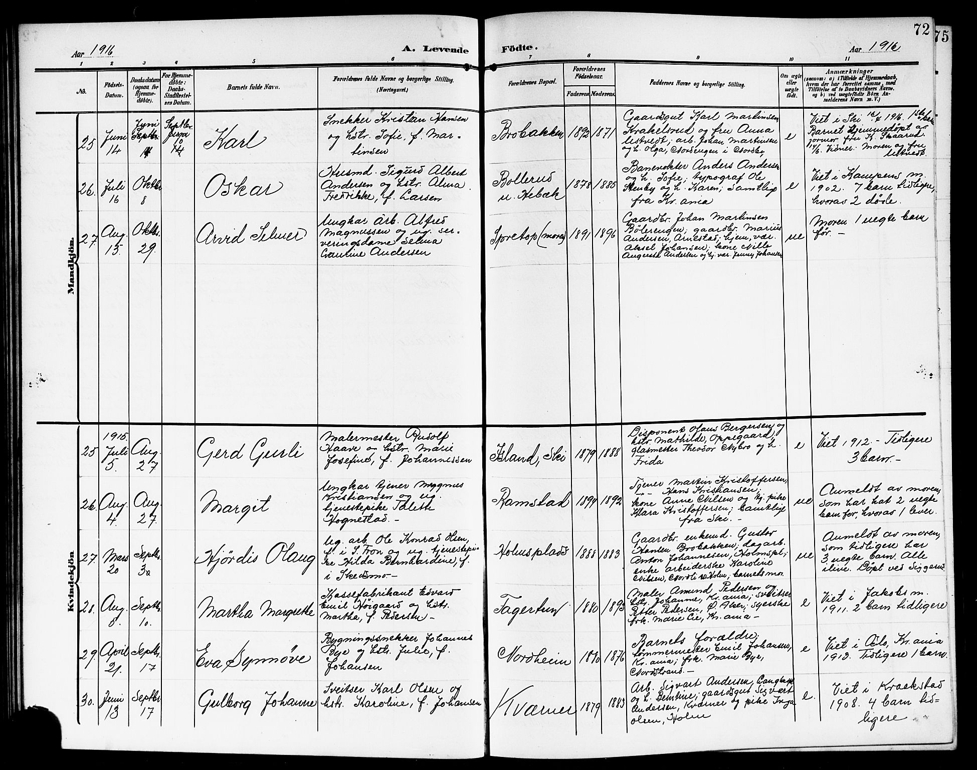 Kråkstad prestekontor Kirkebøker, AV/SAO-A-10125a/G/Gb/L0001: Parish register (copy) no. II 1, 1905-1920, p. 72