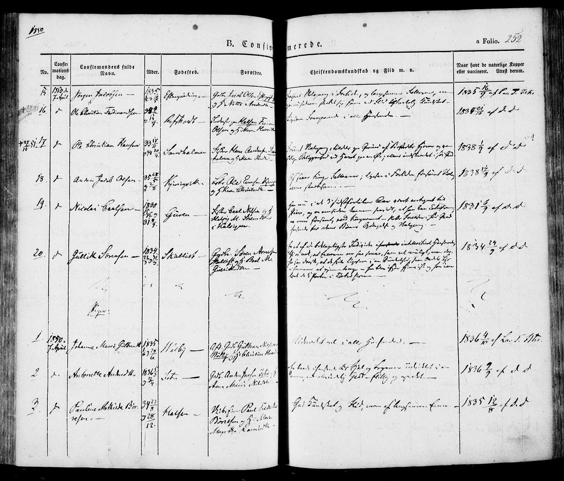 Tjølling kirkebøker, AV/SAKO-A-60/F/Fa/L0006: Parish register (official) no. 6, 1835-1859, p. 252