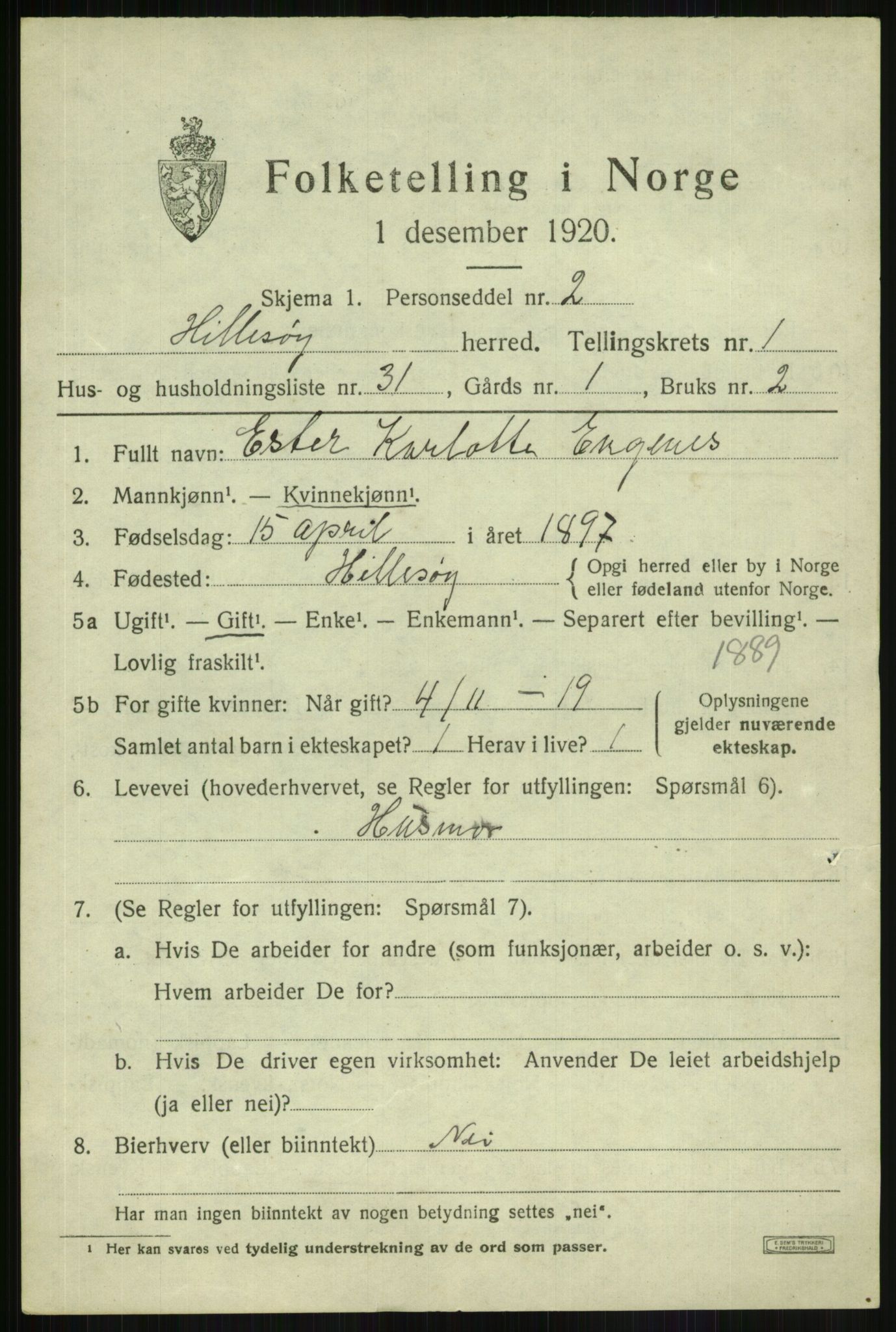 SATØ, 1920 census for Hillesøy, 1920, p. 1085