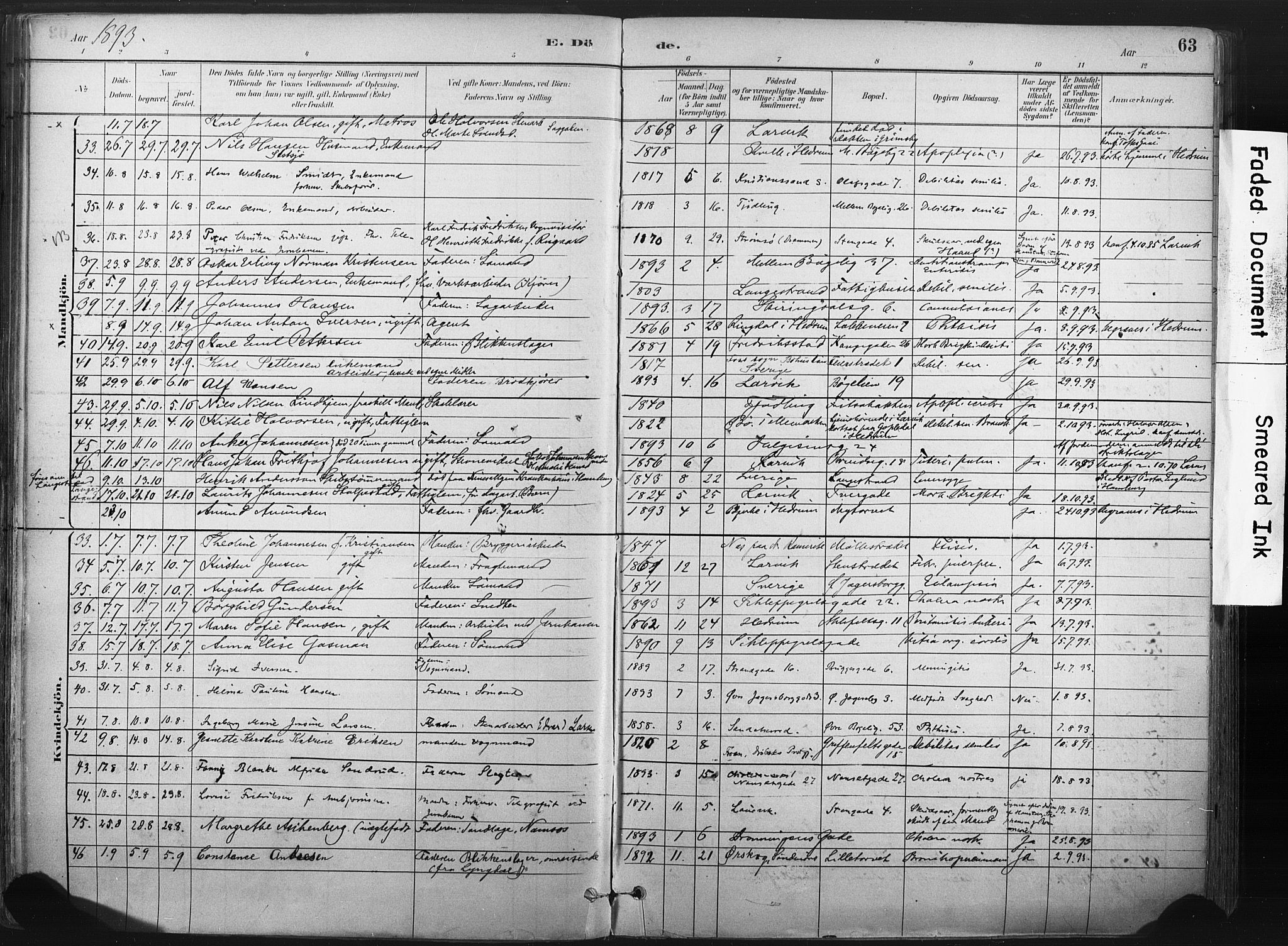 Larvik kirkebøker, AV/SAKO-A-352/F/Fa/L0010: Parish register (official) no. I 10, 1884-1910, p. 63