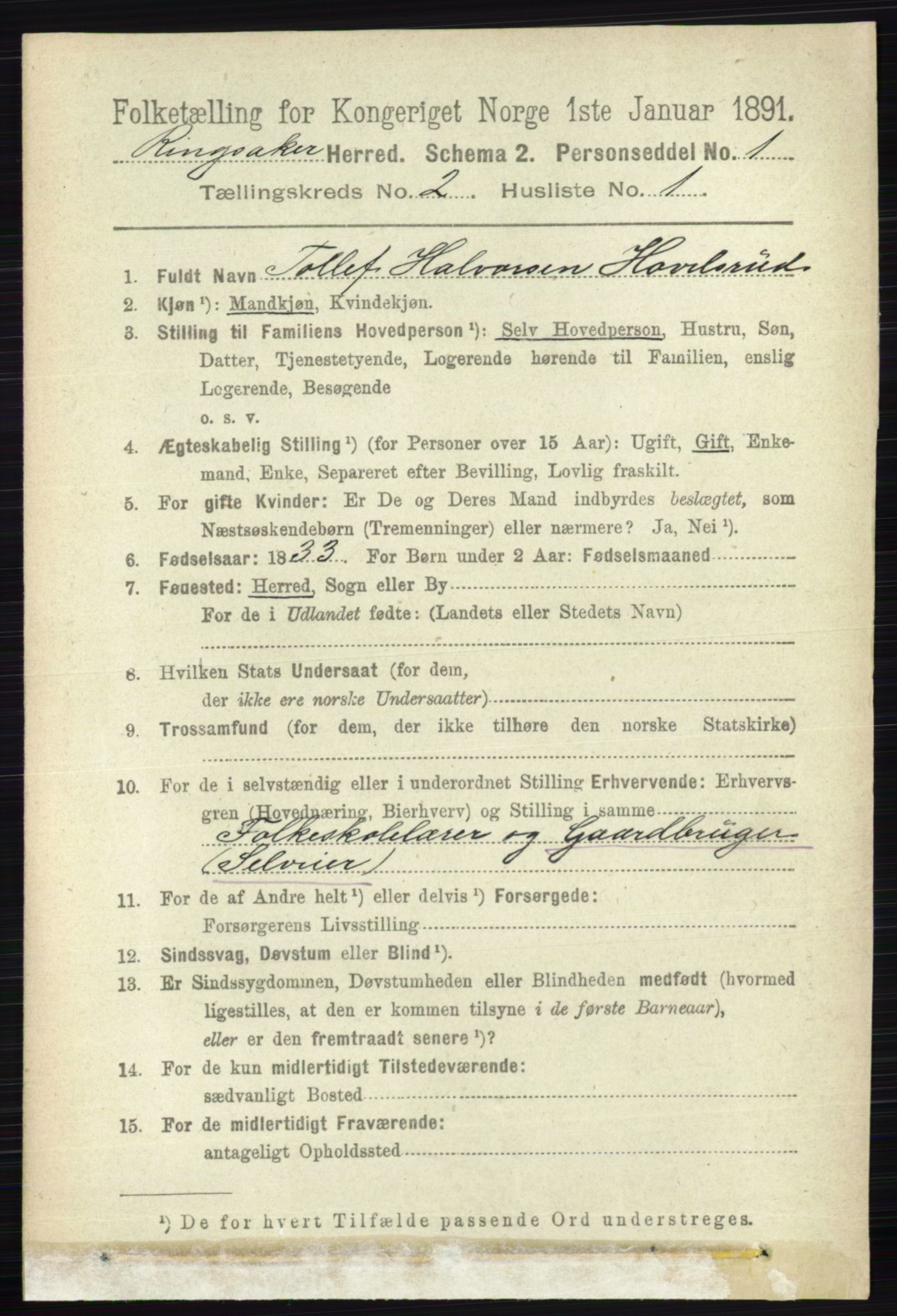 RA, 1891 census for 0412 Ringsaker, 1891, p. 819