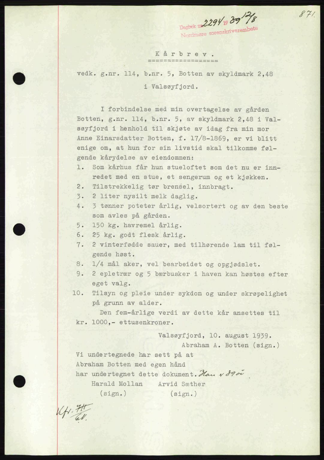 Nordmøre sorenskriveri, AV/SAT-A-4132/1/2/2Ca: Mortgage book no. B85, 1939-1939, Diary no: : 2294/1939