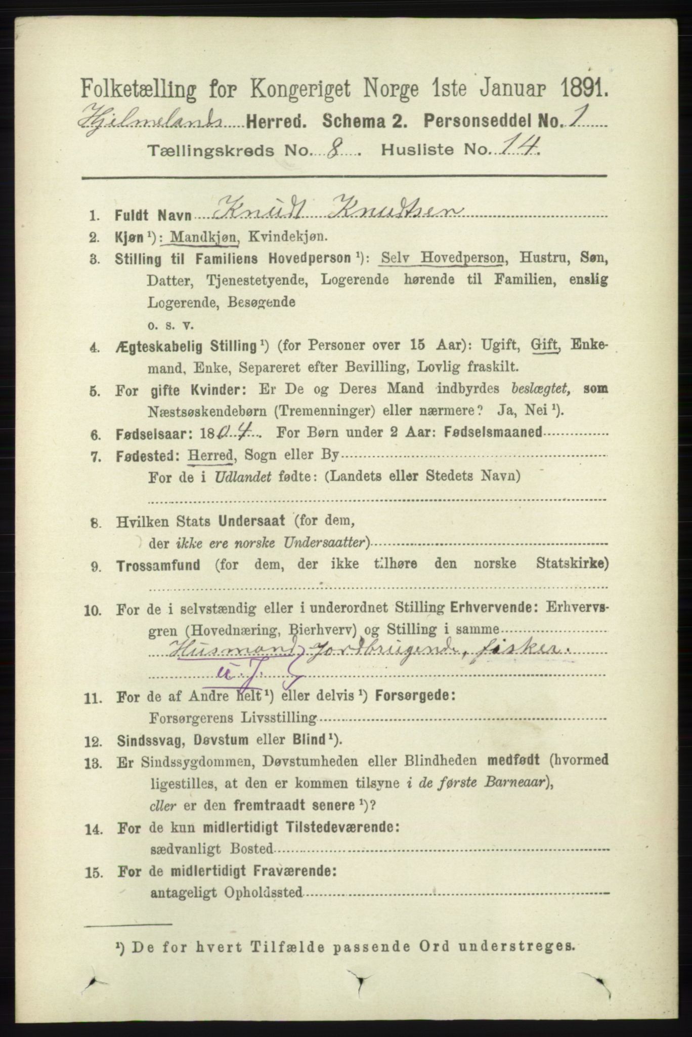 RA, 1891 census for 1133 Hjelmeland, 1891, p. 2536