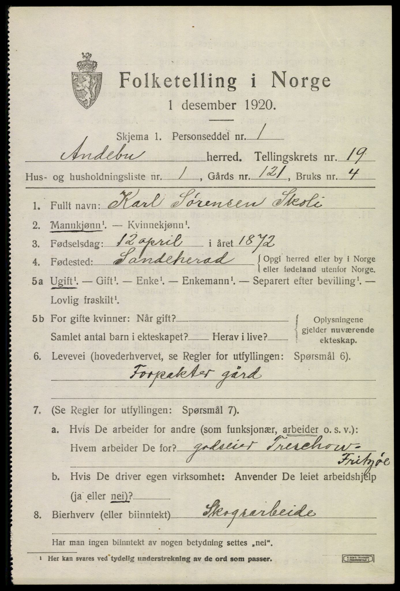 SAKO, 1920 census for Andebu, 1920, p. 6292